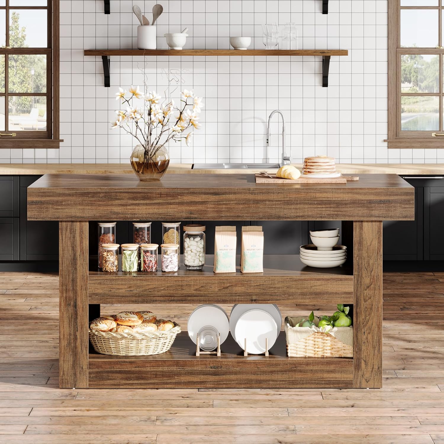 55" Kitchen Island, 3-Tier Island Table Counter Height Bar Table