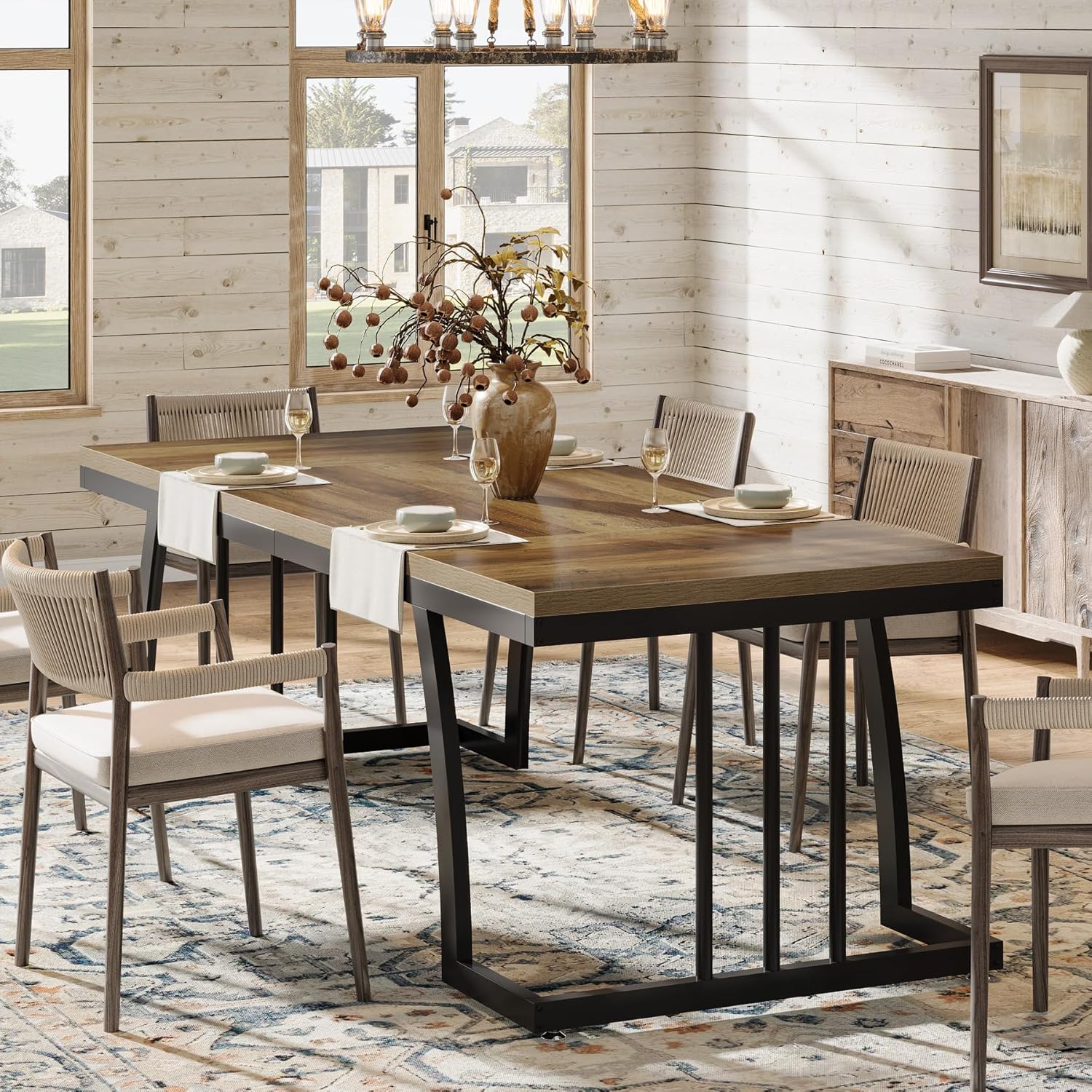 63" Farmhouse Dining Table, Rectangular Kitchen Table for 4 - 6 People Tribesigns