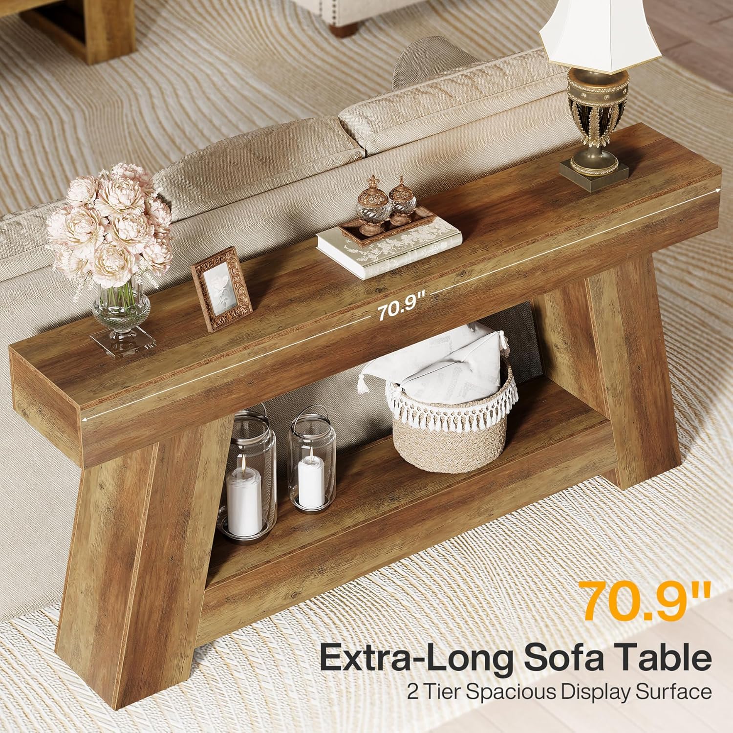70.87" Console Table, Farmhouse 2 - Tier Sofa Table with Open Storage Shelf Tribesigns