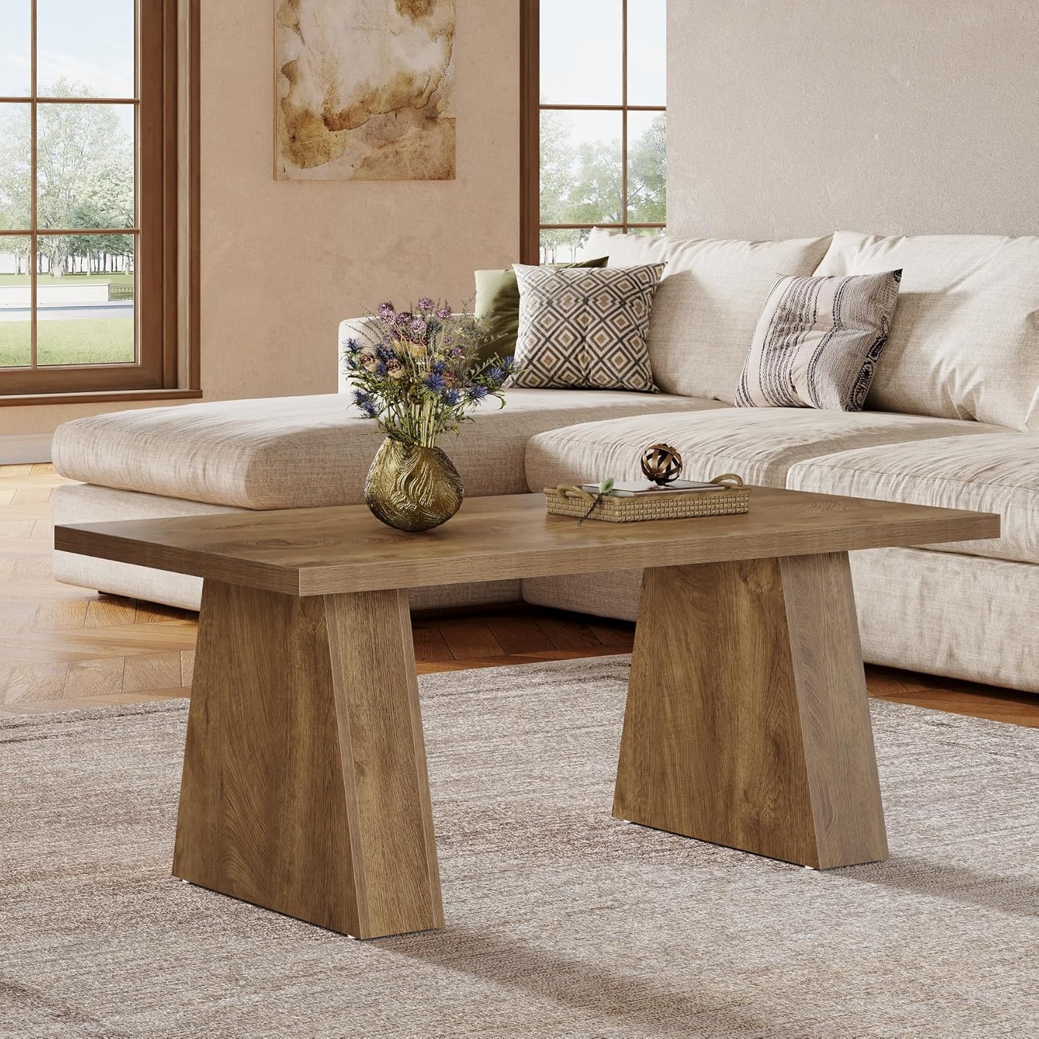 47.2" Coffee Table, Farmhouse Rectangular Accent Cocktail Center Table Tribesigns