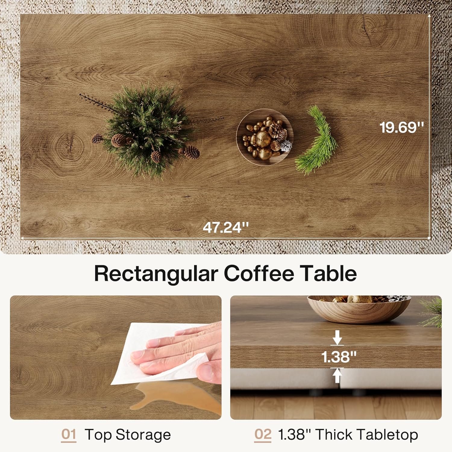 47.2" Coffee Table, Farmhouse Rectangular Accent Cocktail Center Table Tribesigns