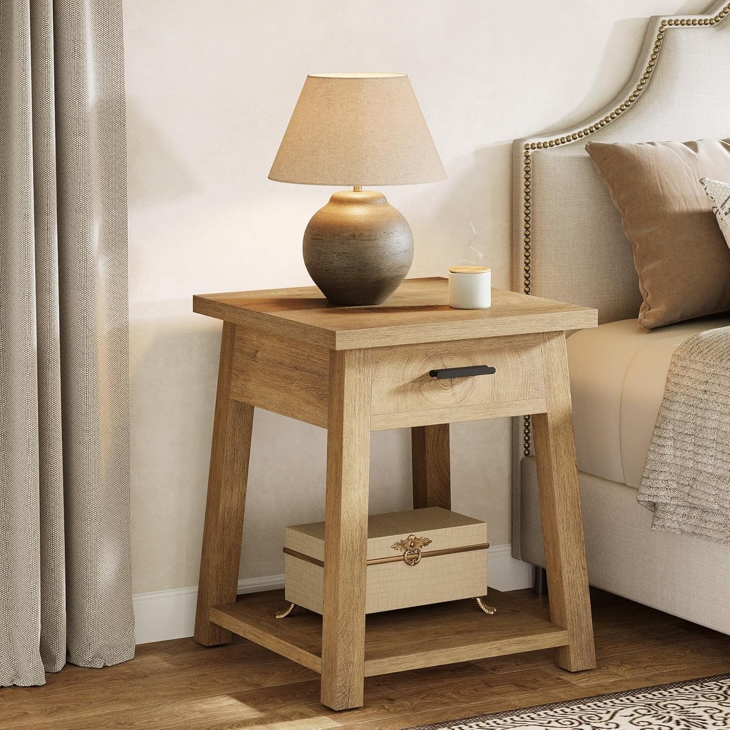 Square Nightstand with Drawer, Accent Bedside Table with Open Shelf for Bedroom