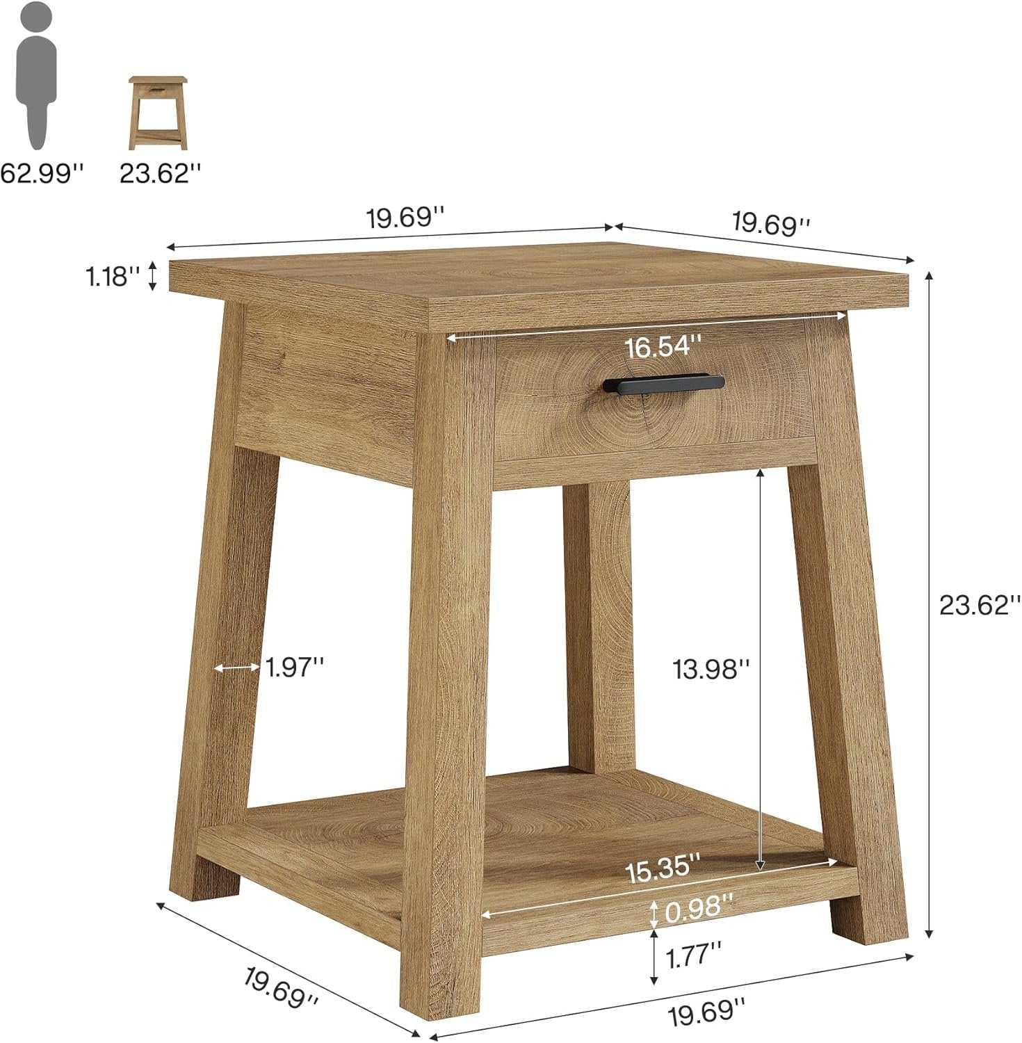 Square Nightstand with Drawer, Accent Bedside Table with Open Shelf for Bedroom