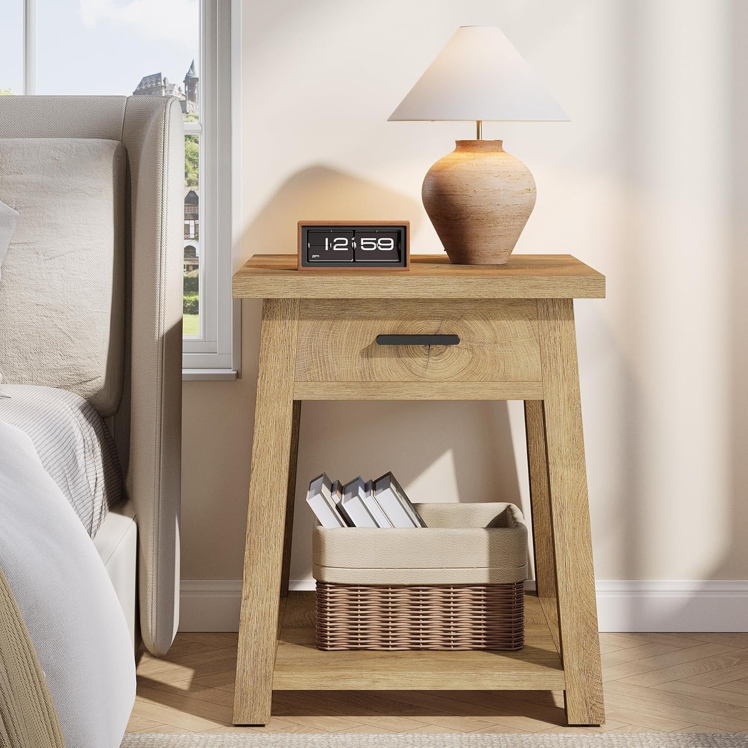 Square Nightstand with Drawer, Accent Bedside Table with Open Shelf for Bedroom