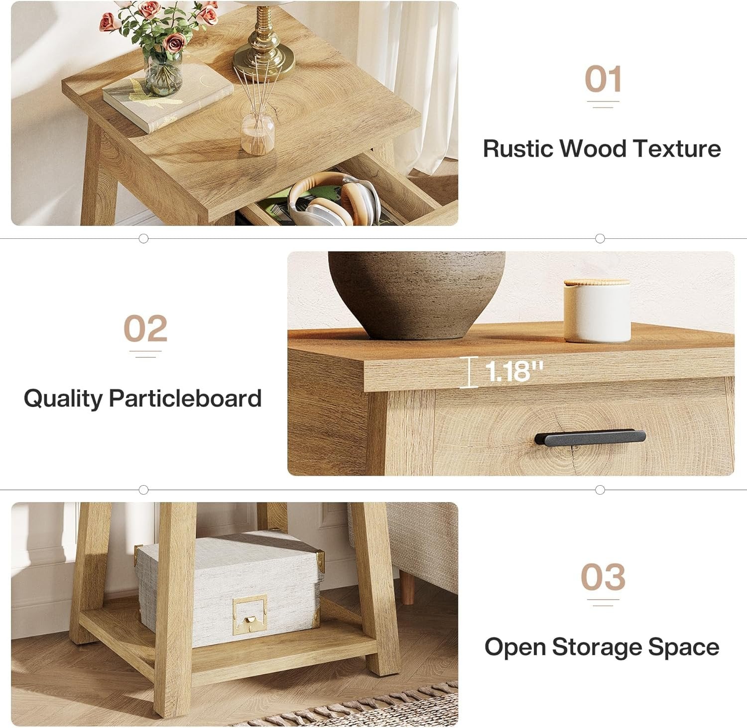 Square Nightstand with Drawer, Accent Bedside Table with Open Shelf for Bedroom