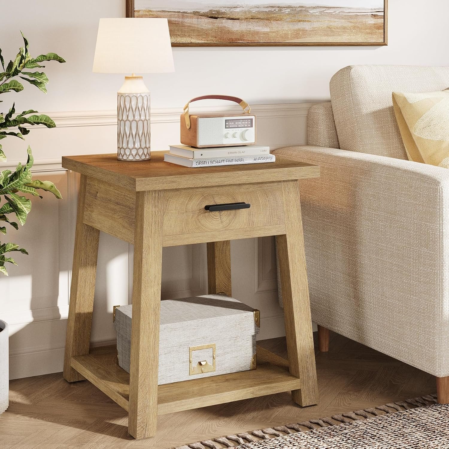 Square Nightstand with Drawer, Accent Bedside Table with Open Shelf for Bedroom