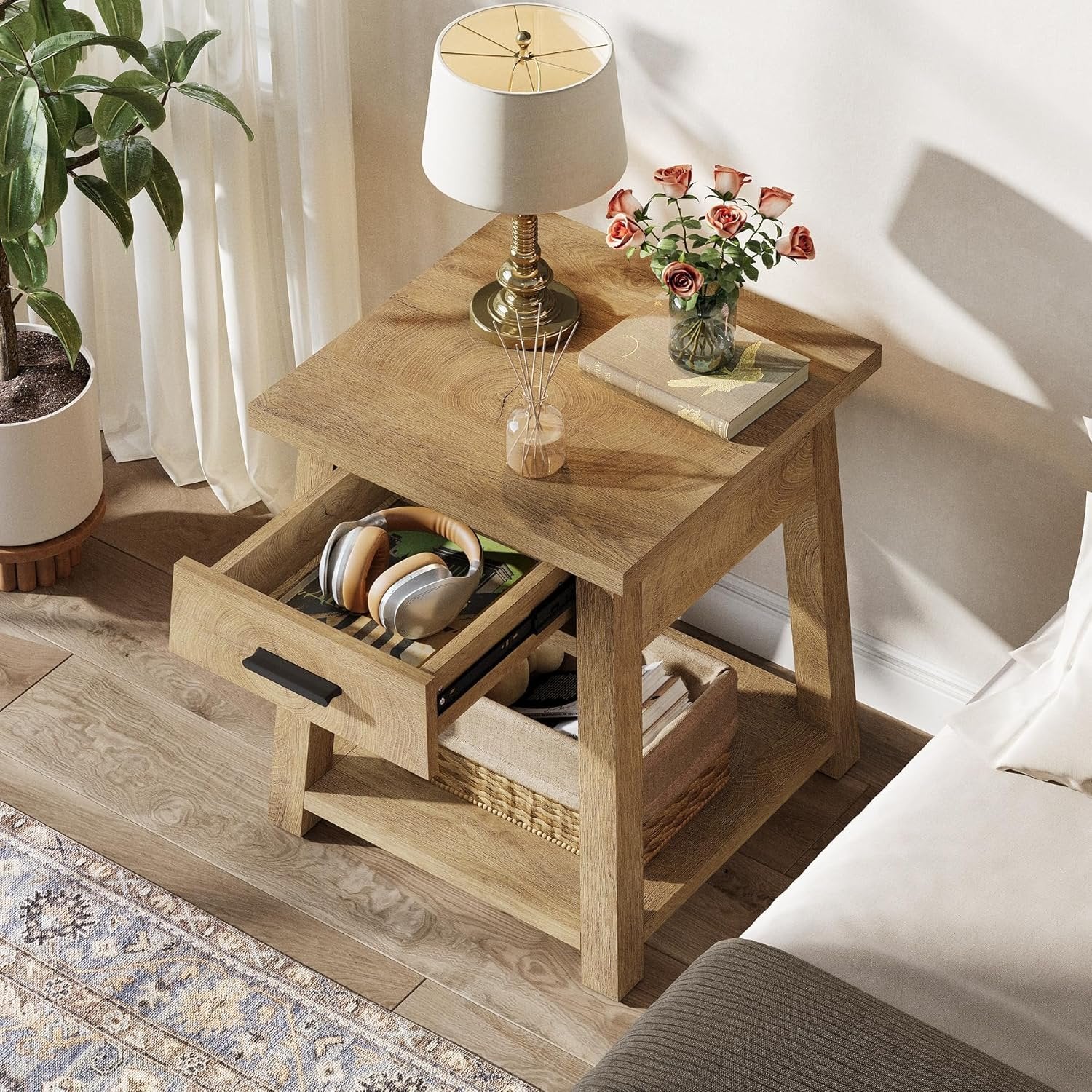 Square Nightstand with Drawer, Accent Bedside Table with Open Shelf for Bedroom