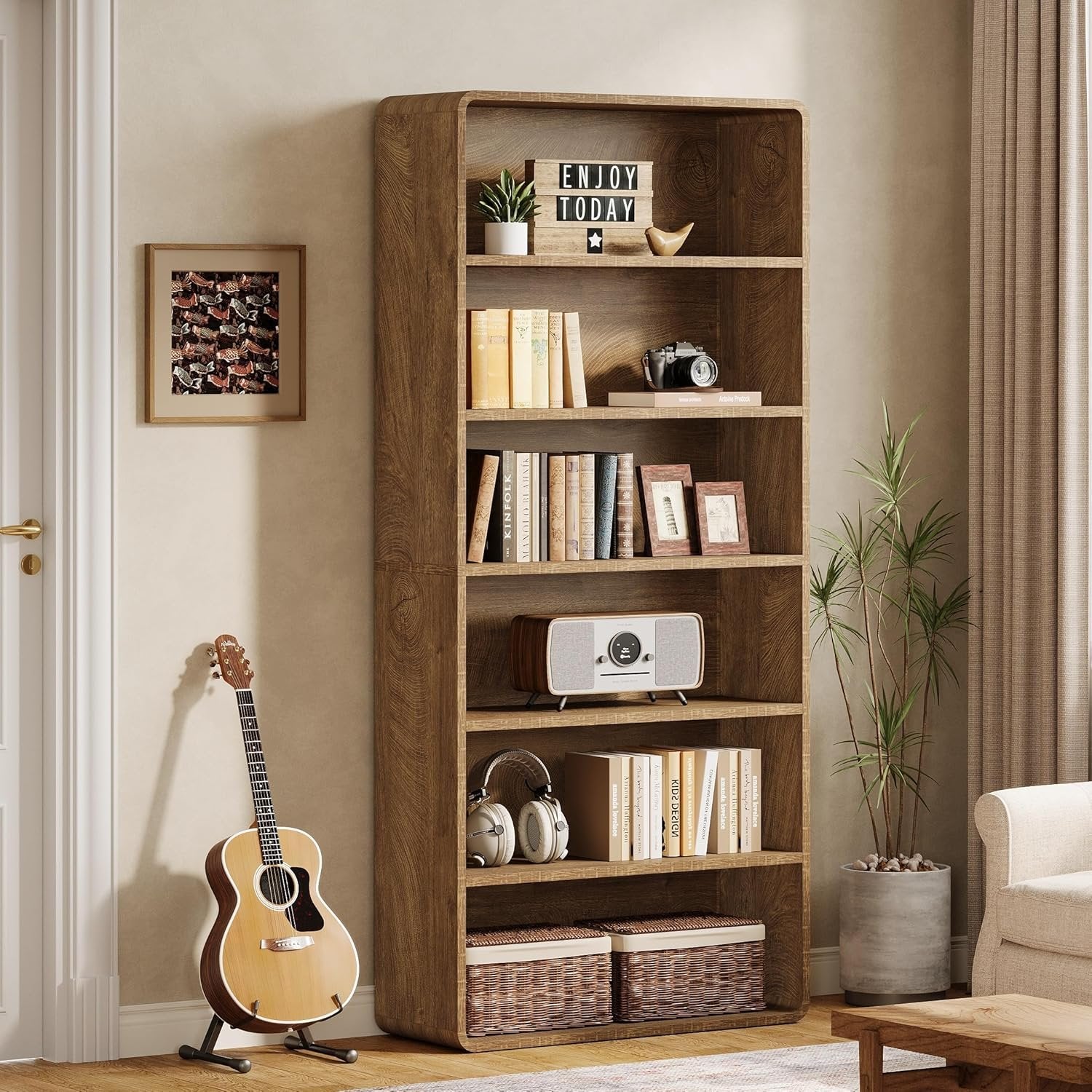 71" Wooden Bookcase, 6-Tier Modern Bookshelf Display Shelf for Home Office