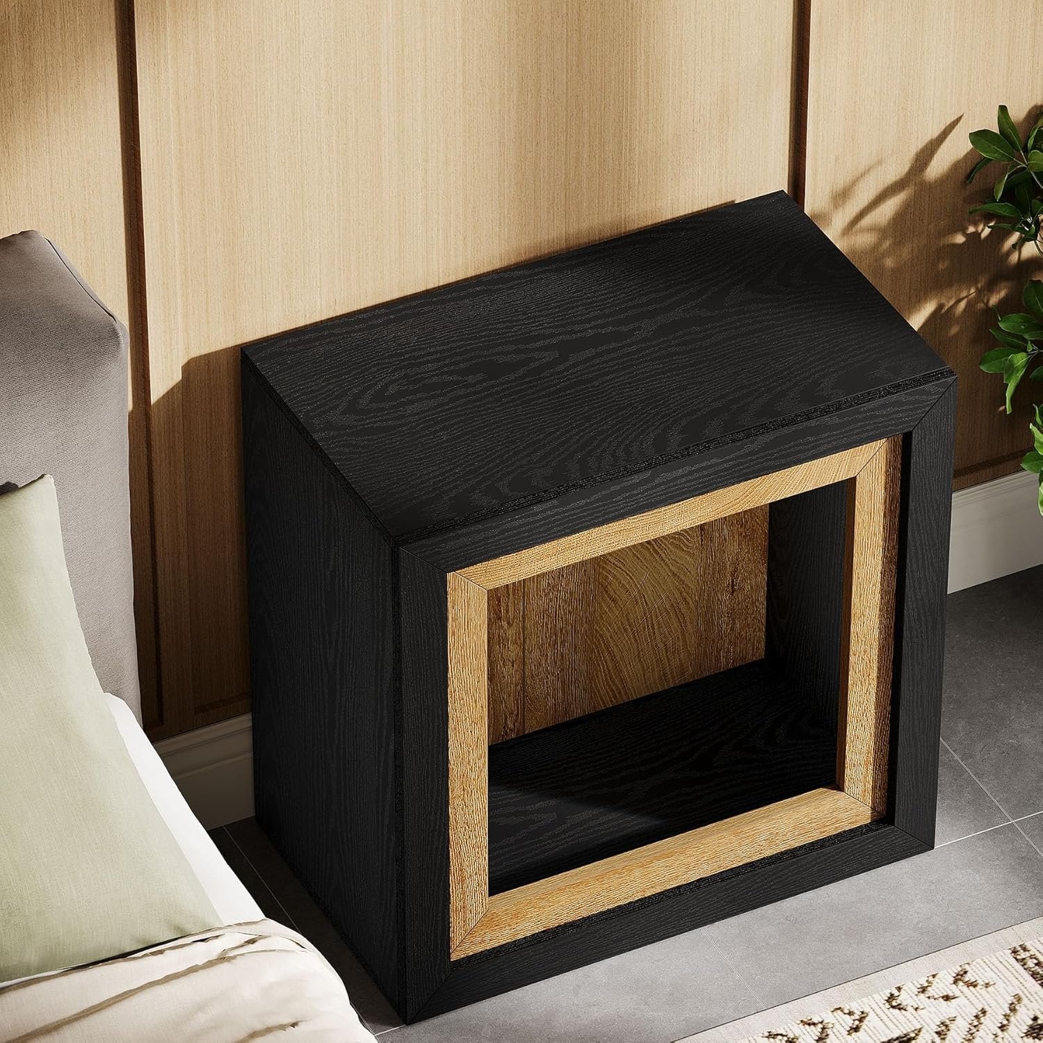 23.6" Nightstand, Wooden Cube Bedside Table with Frame-Inspired Design