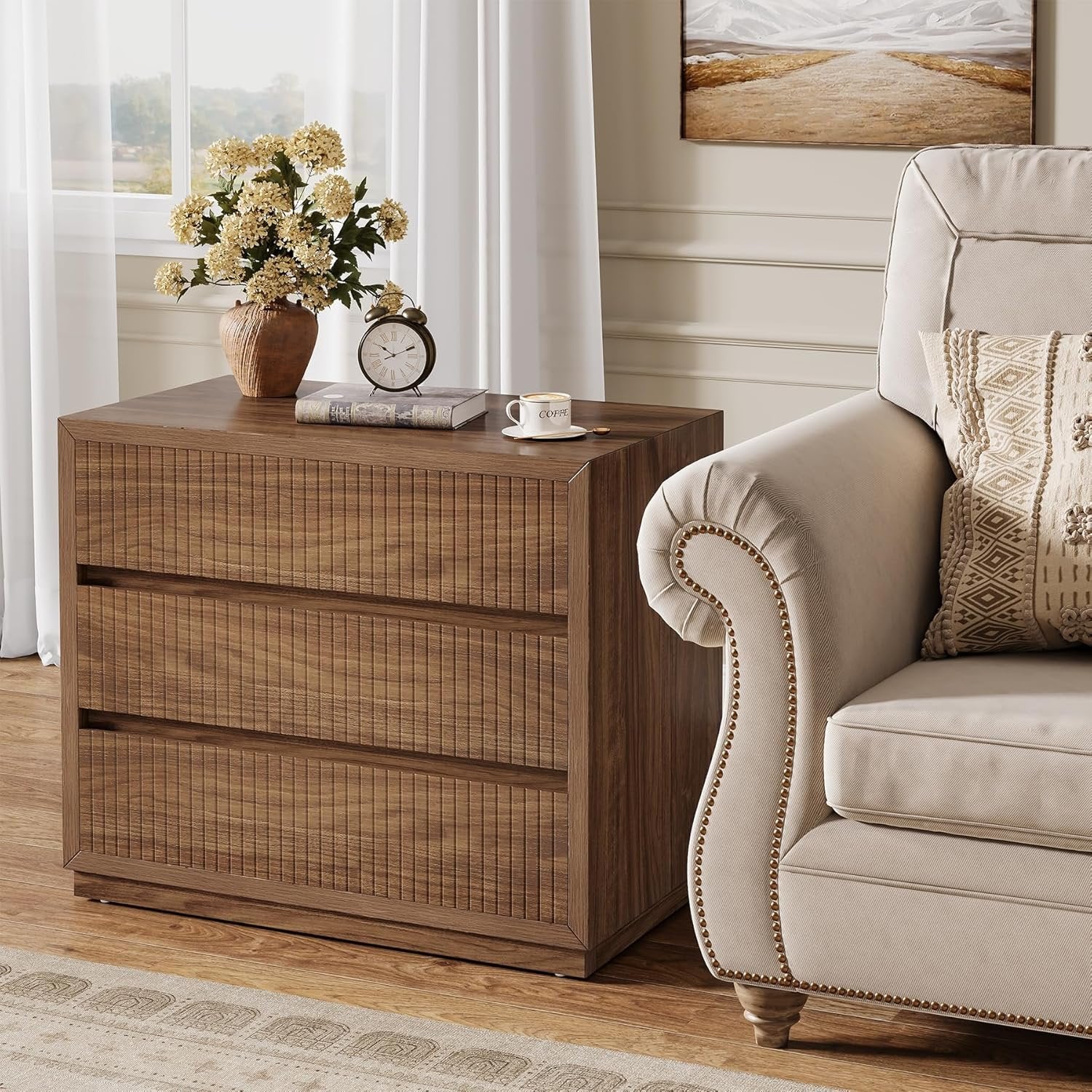 31" Oversized Nightstand, Fluted Bedside Table with 3 Storage Drawers