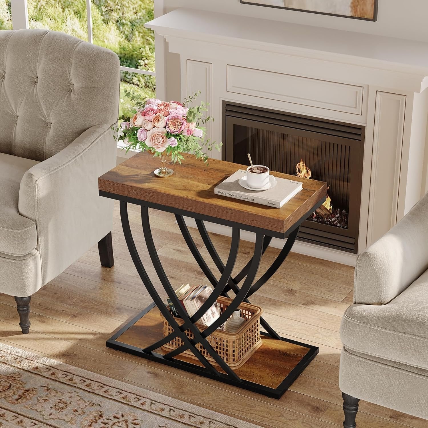2-Tier Narrow End Table, 23.62" Side Table with Metal Frame for Living Room