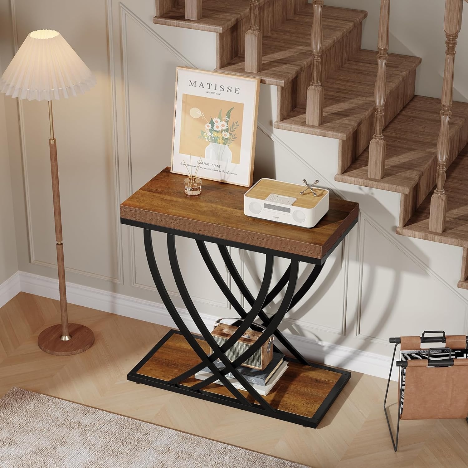 2-Tier Narrow End Table, 23.62" Side Table with Metal Frame for Living Room