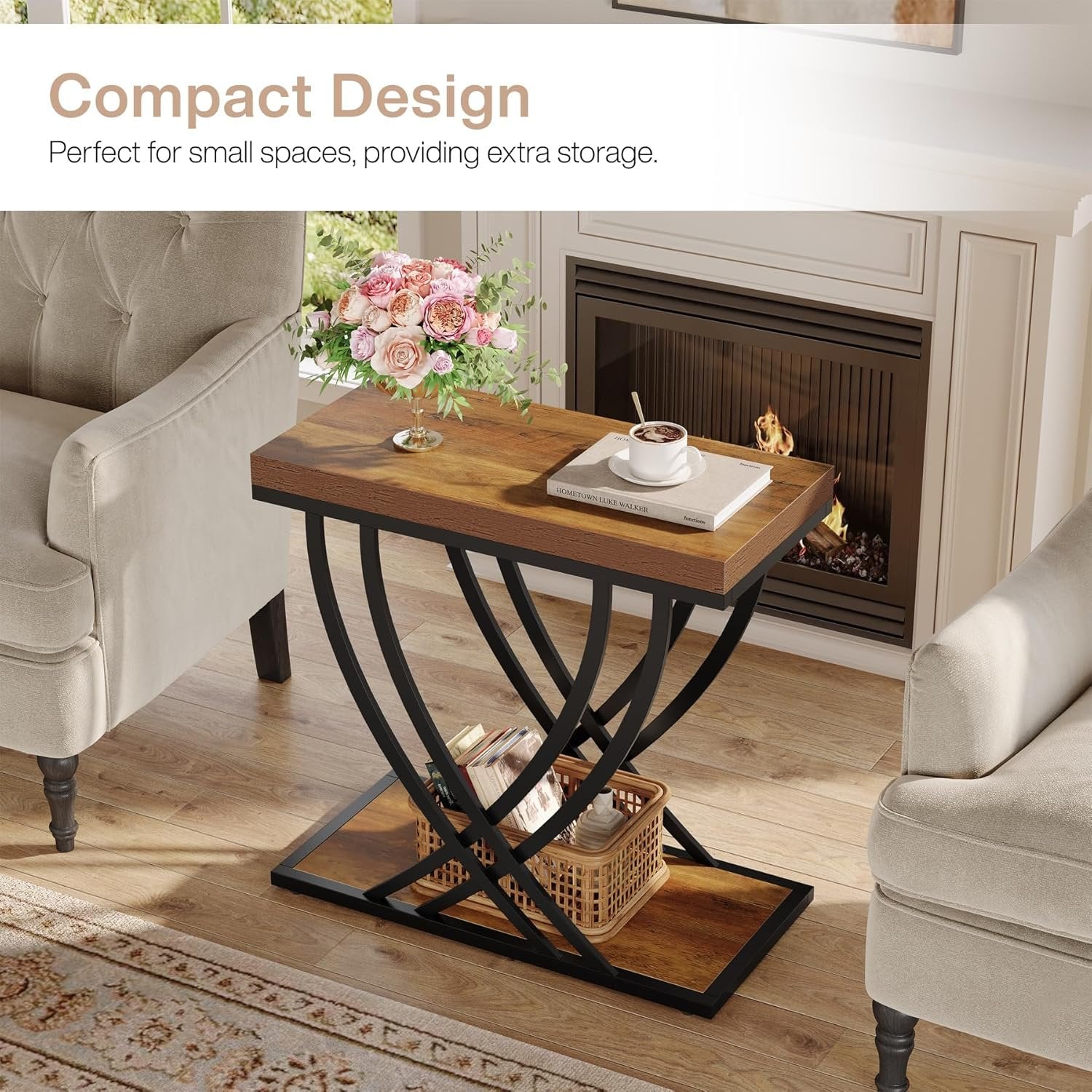 2-Tier Narrow End Table, 23.62" Side Table with Metal Frame for Living Room