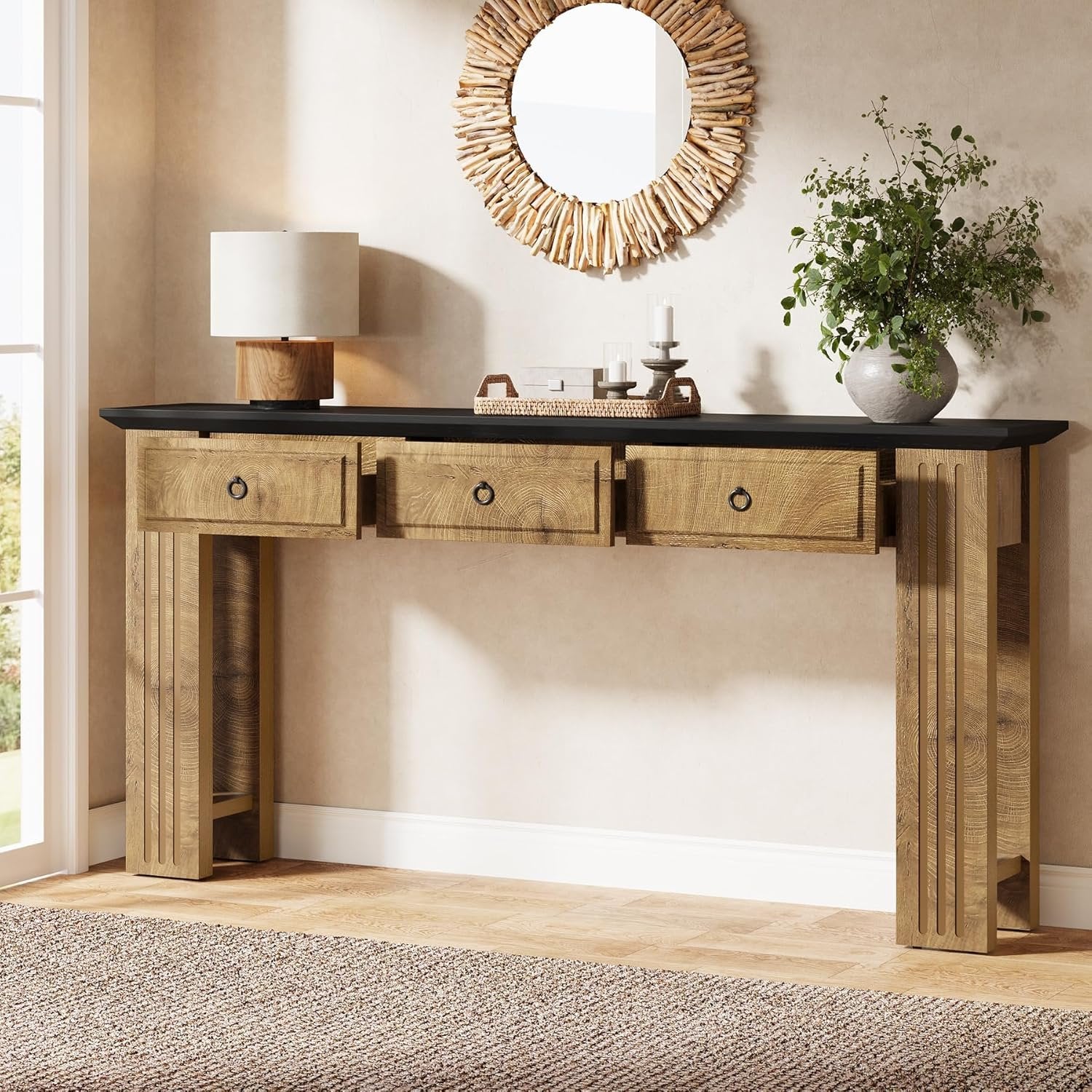63" Console Table with 3 Drawers, Narrow Sofa Table Behind Couch