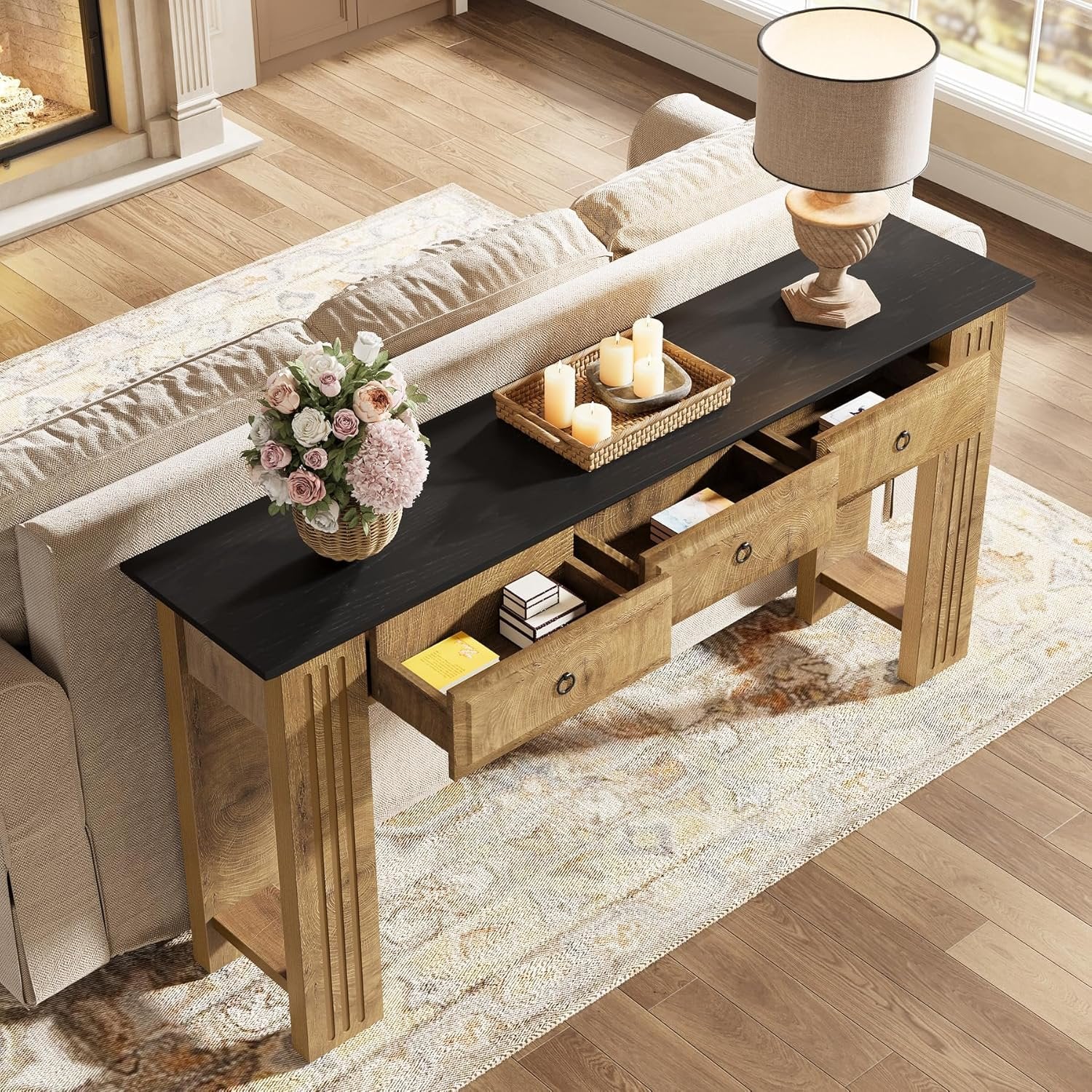 63" Console Table with 3 Drawers, Narrow Sofa Table Behind Couch