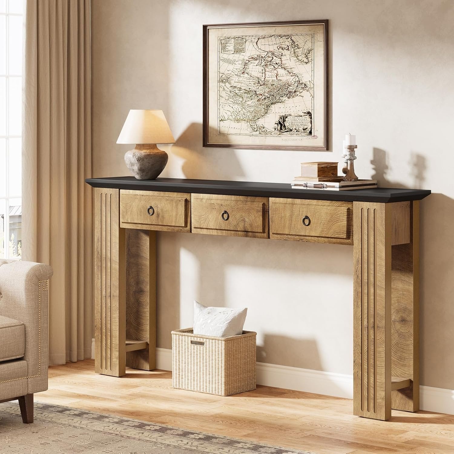 63" Console Table with 3 Drawers, Narrow Sofa Table Behind Couch
