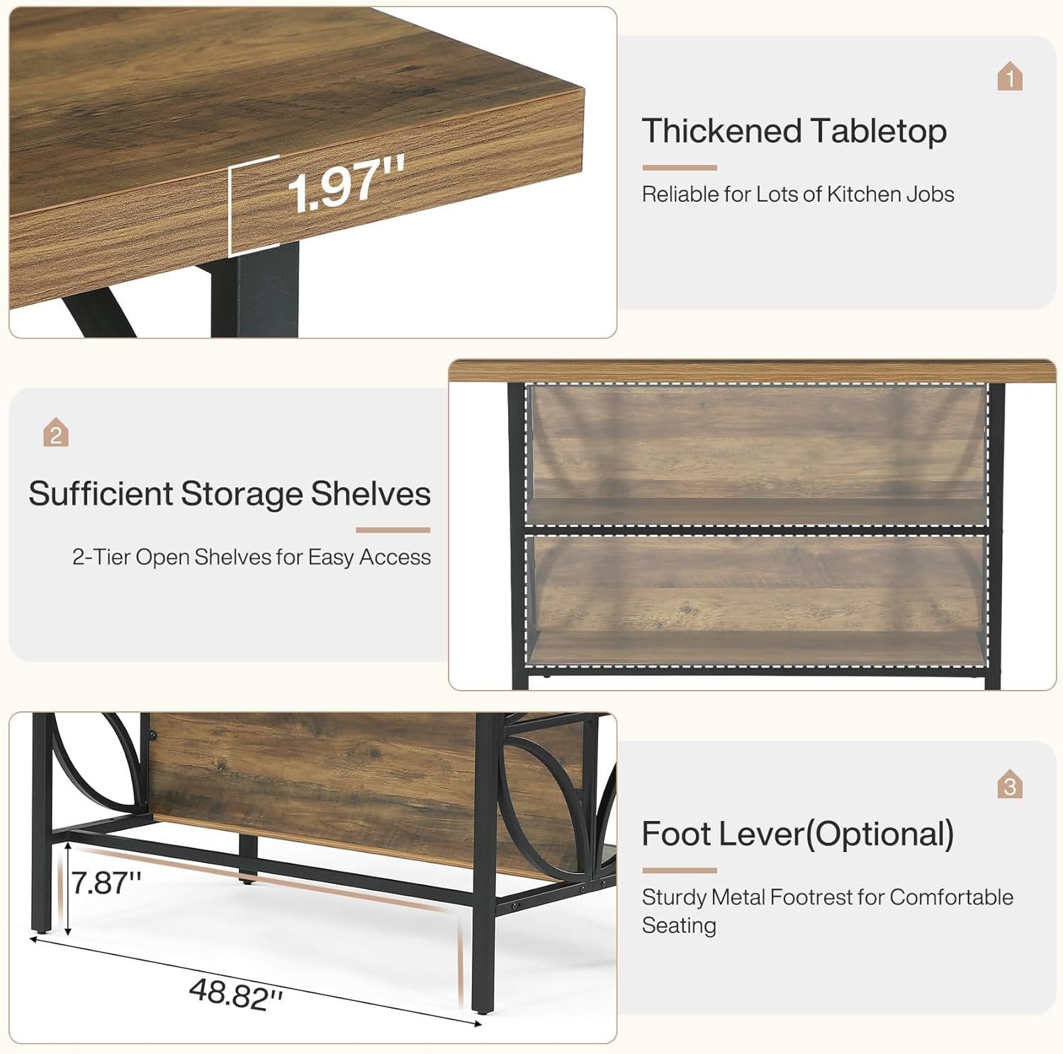63" Kitchen Island with Storage, 2-Tier Kitchen Bar Table with Large Worktop
