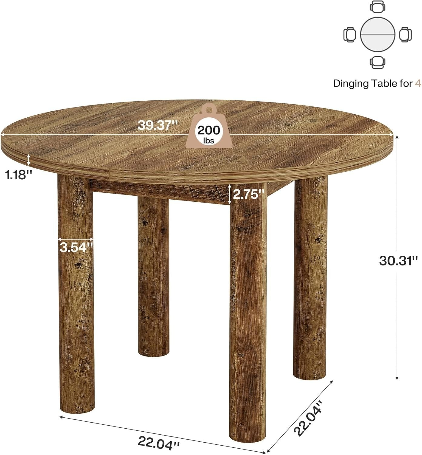 Round Dining Table, 39" Farmhouse Kitchen Table with Sturdy Legs for 4