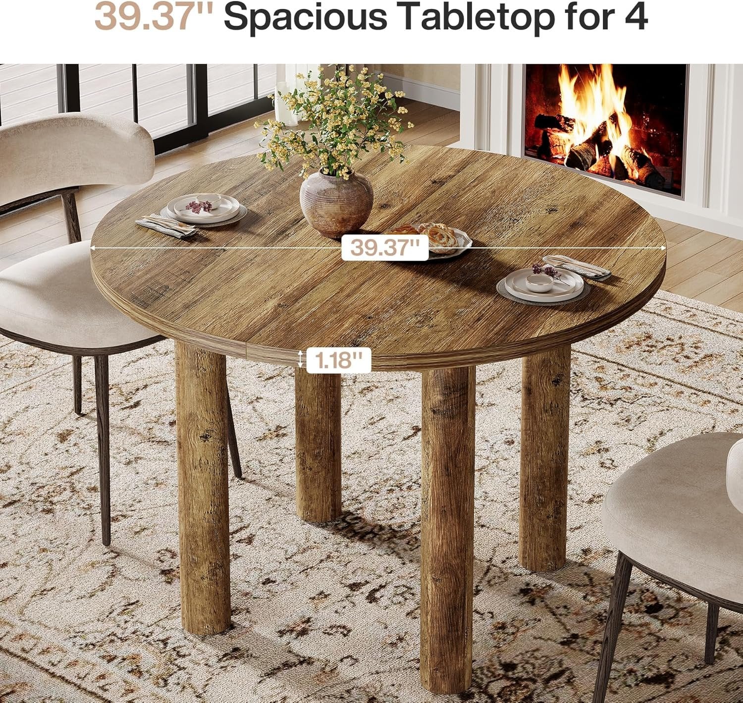 Round Dining Table, 39" Farmhouse Kitchen Table with Sturdy Legs for 4