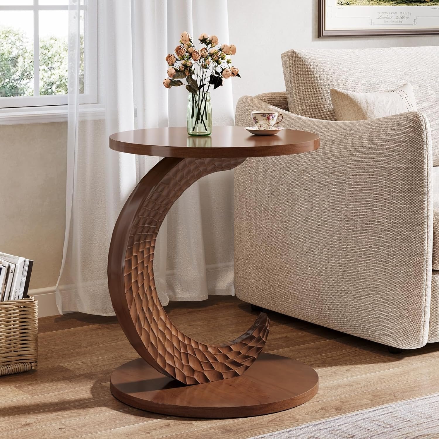 C-Shaped End Table, Sofa Side Table with Carving Texture