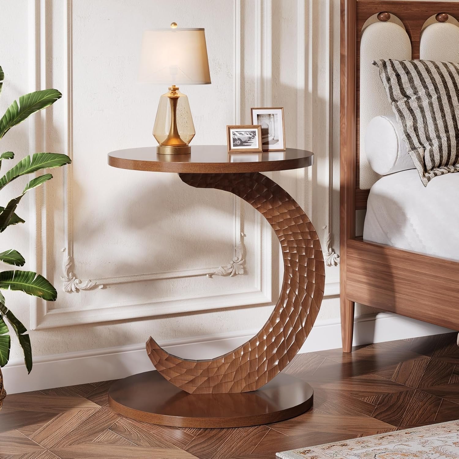C-Shaped End Table, Sofa Side Table with Carving Texture