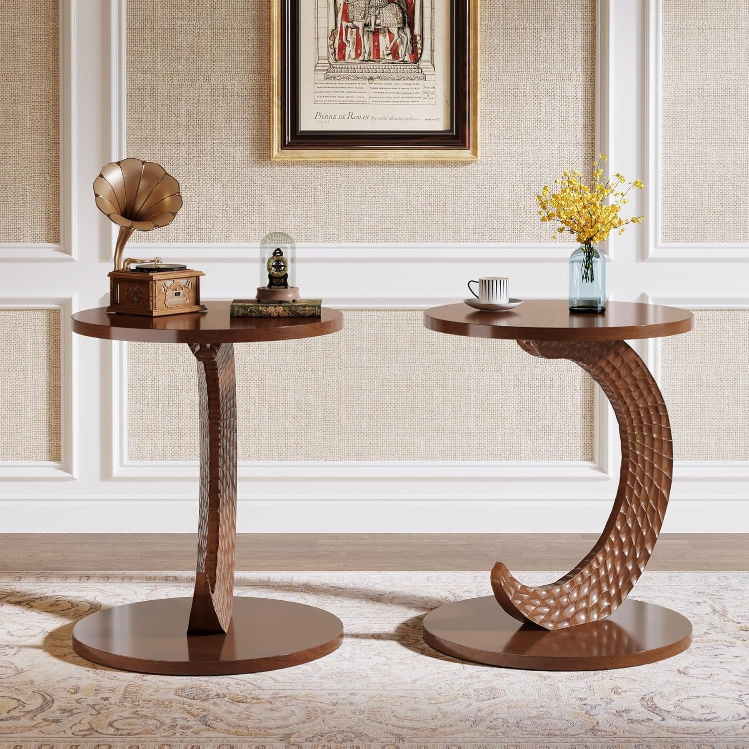 C-Shaped End Table, Sofa Side Table with Carving Texture