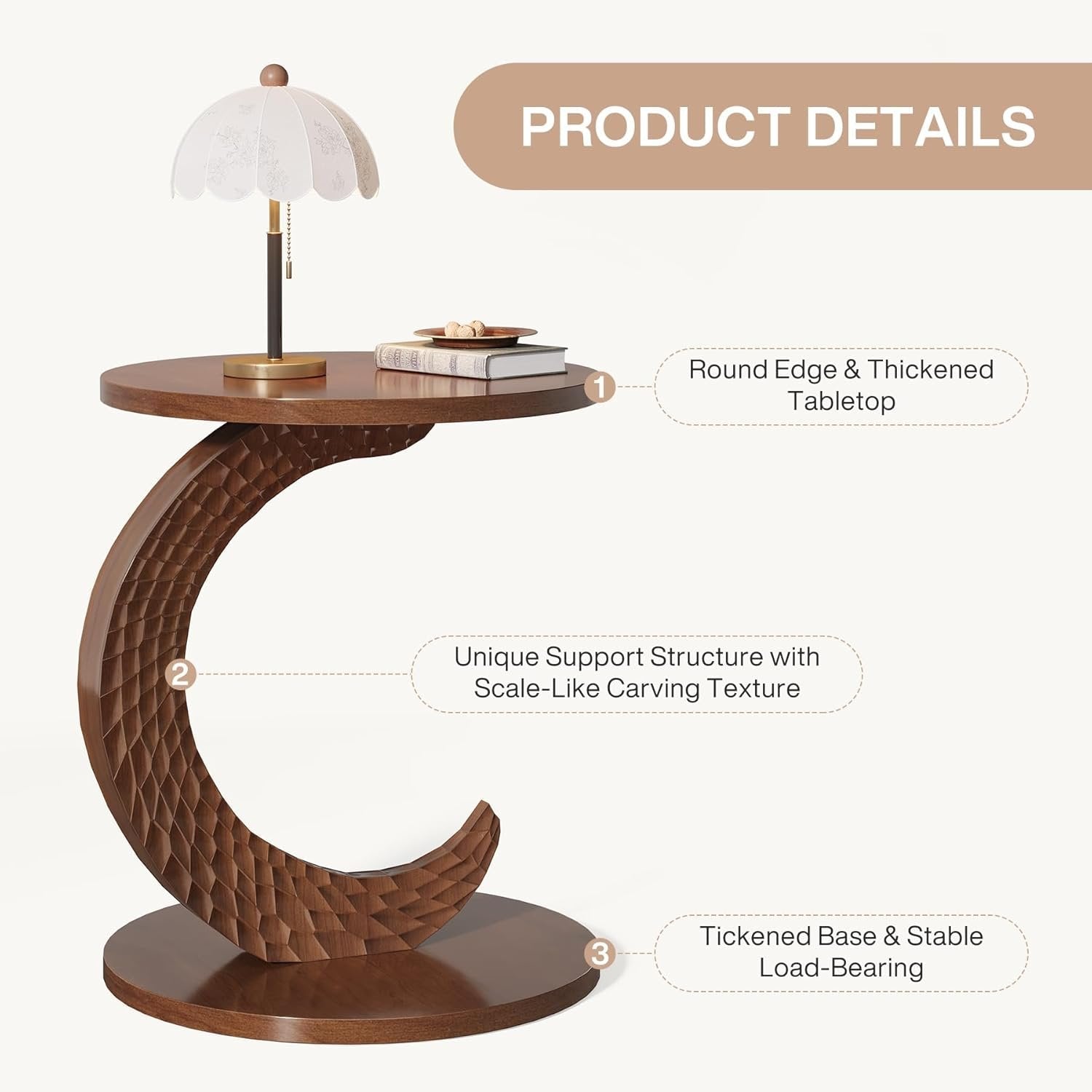 C-Shaped End Table, Sofa Side Table with Carving Texture