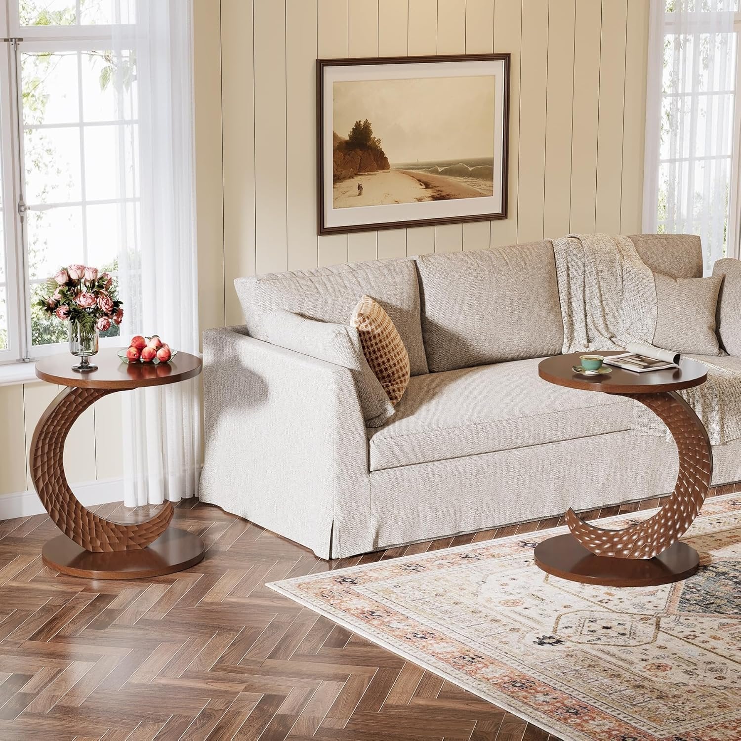 C-Shaped End Table, Sofa Side Table with Carving Texture