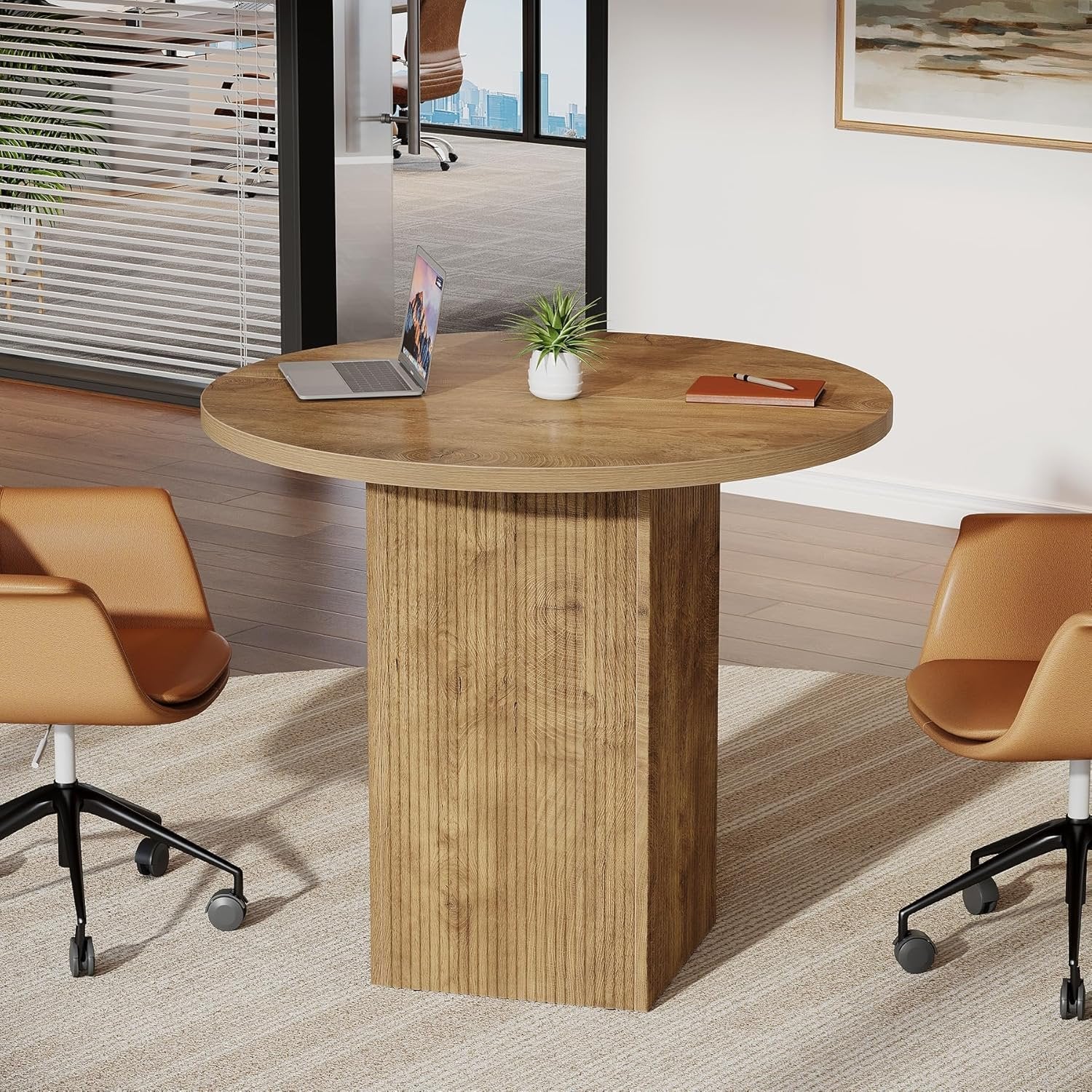31.5" Round Conference Room Table, Small Office Table with Wooden Fluted Pedestal