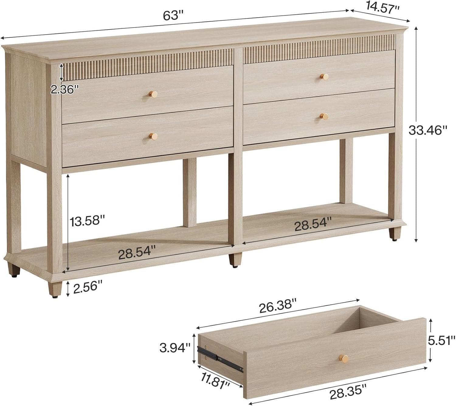 63" Console Table, Long Sofa Table with Drawers and Lower Shelf