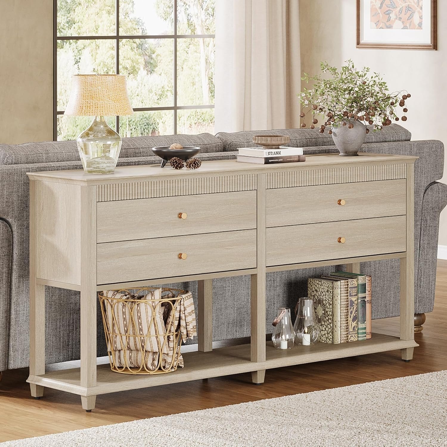 63" Console Table, Long Sofa Table with Drawers and Lower Shelf