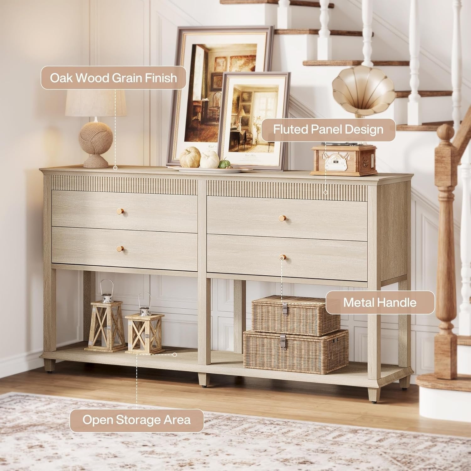 63" Console Table, Long Sofa Table with Drawers and Lower Shelf