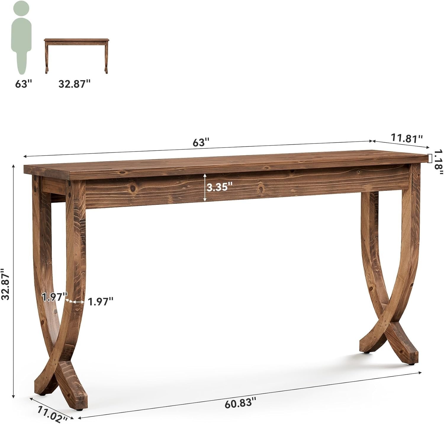 63" Solid Wood Console Table, Farmhouse Entryway Table for Living Room