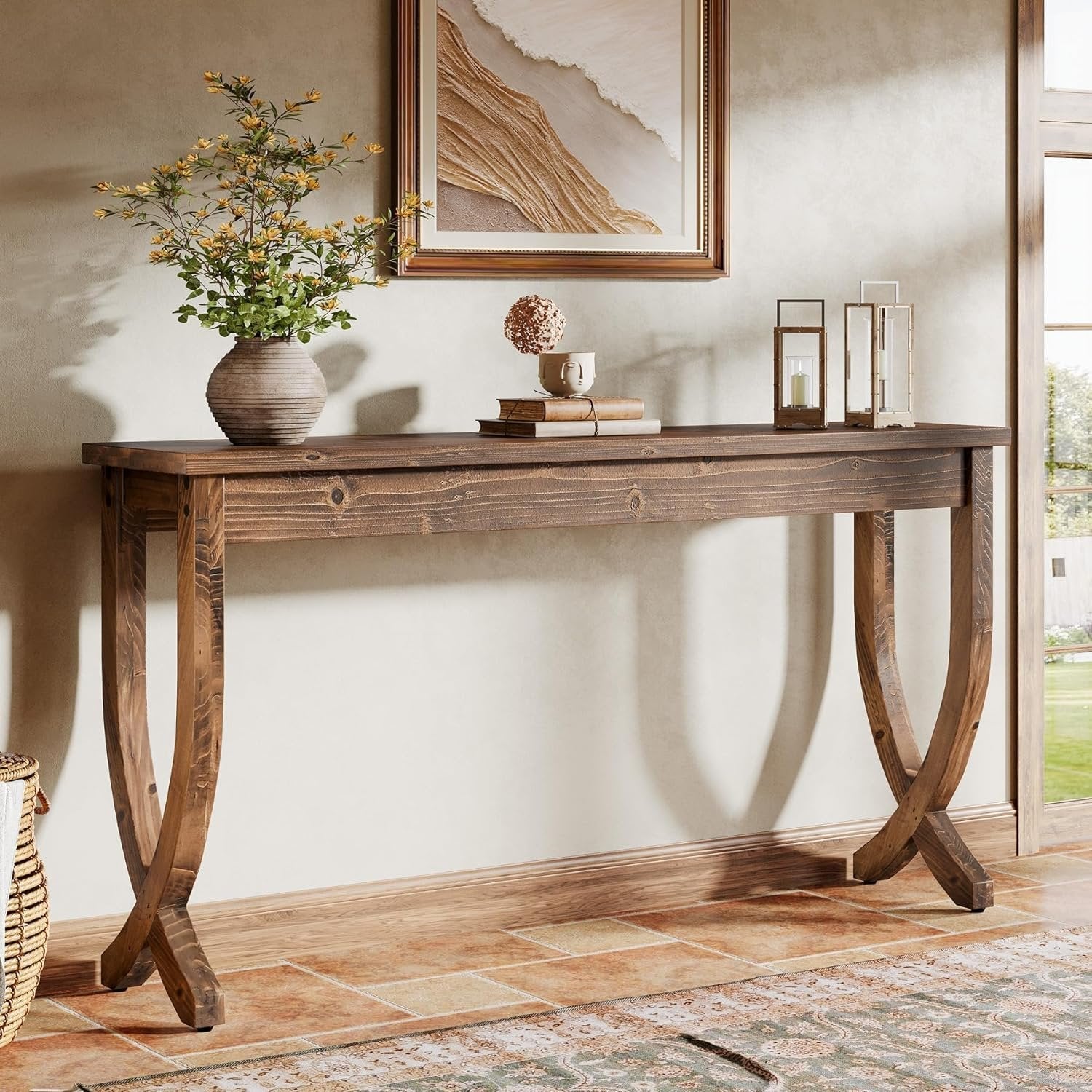 63" Solid Wood Console Table, Farmhouse Entryway Table for Living Room