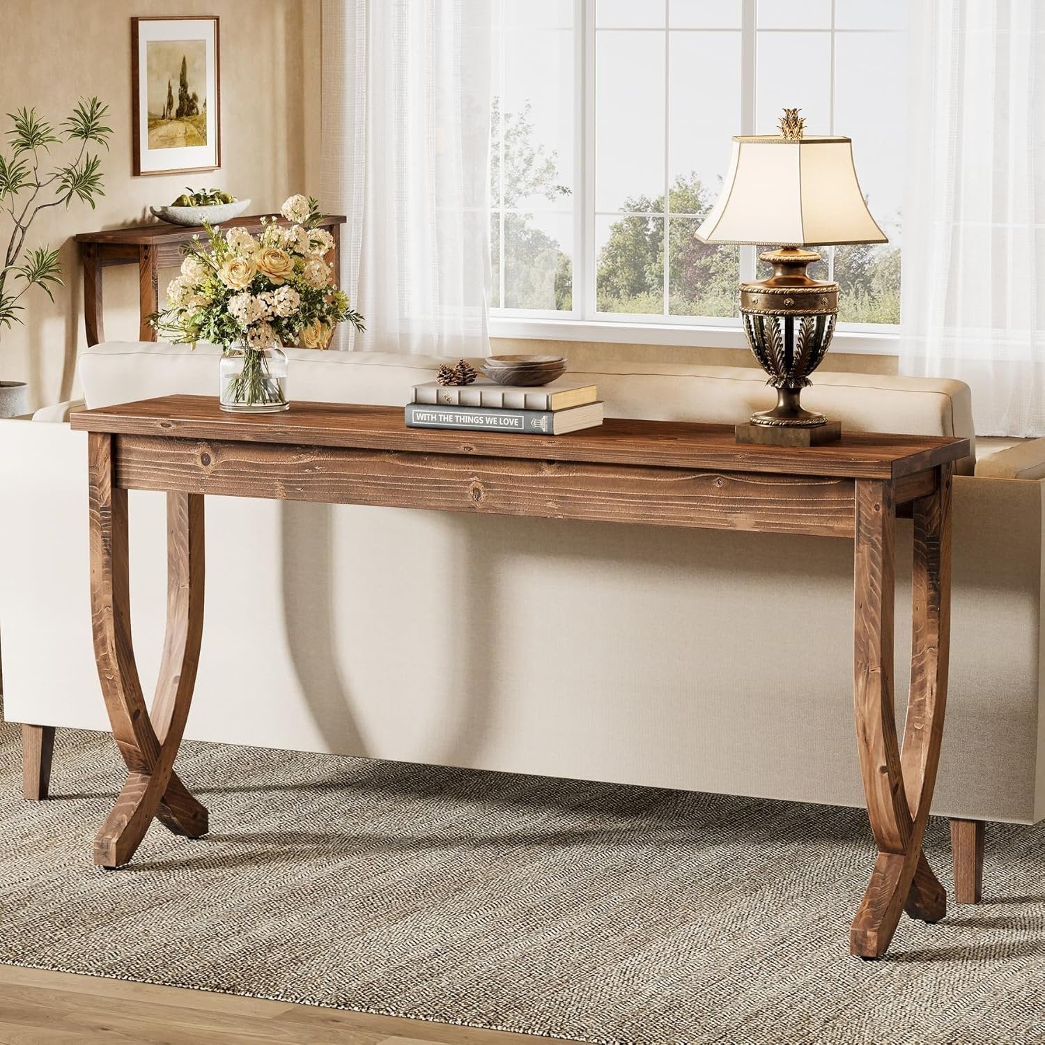 63" Solid Wood Console Table, Farmhouse Entryway Table for Living Room
