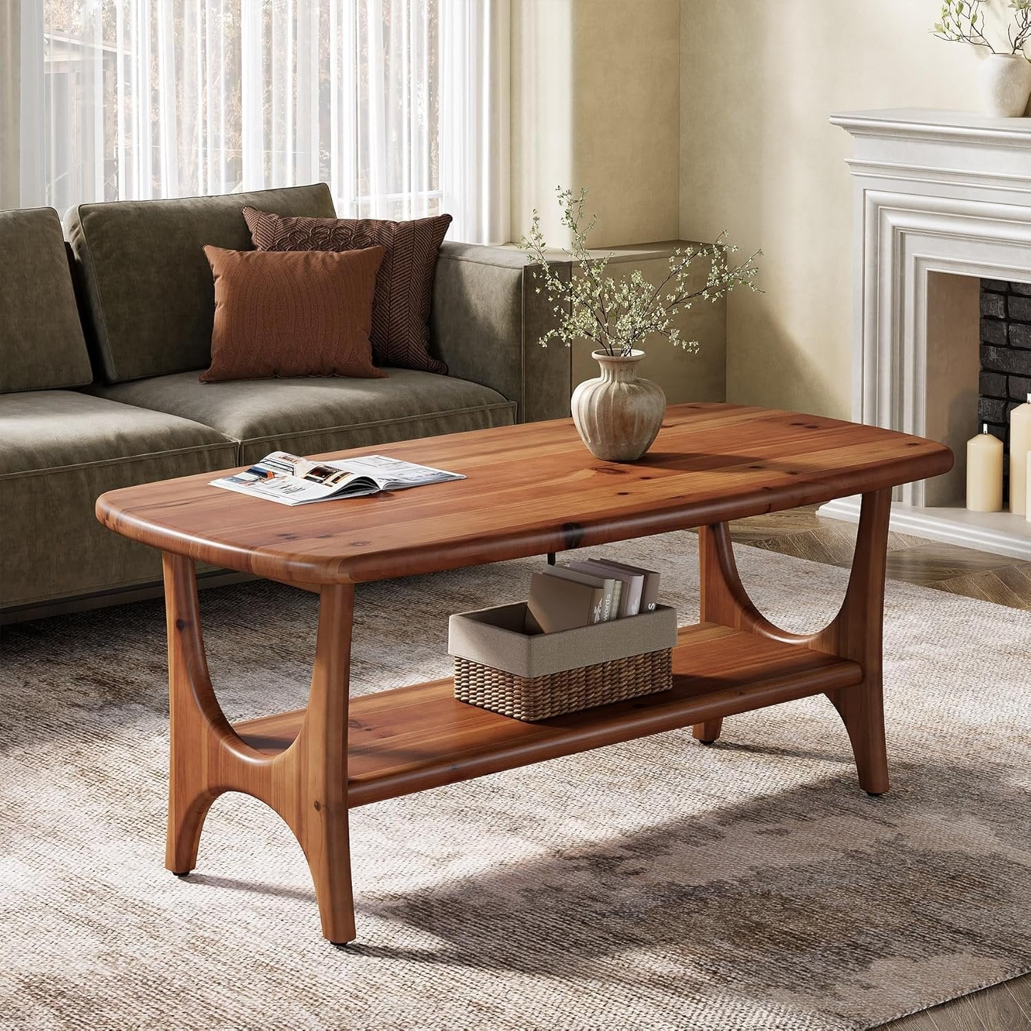 2-Tier Solid Wood Coffee Table, 47.24” Rectangle Center Table