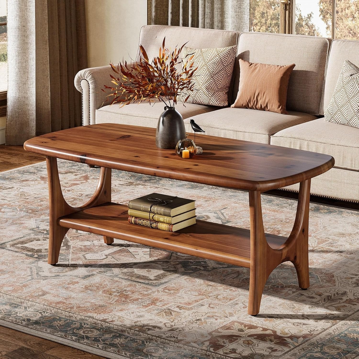 Solid Wood Coffee Table, 47.24” Rectangle Center Table with 2-Tier Storage