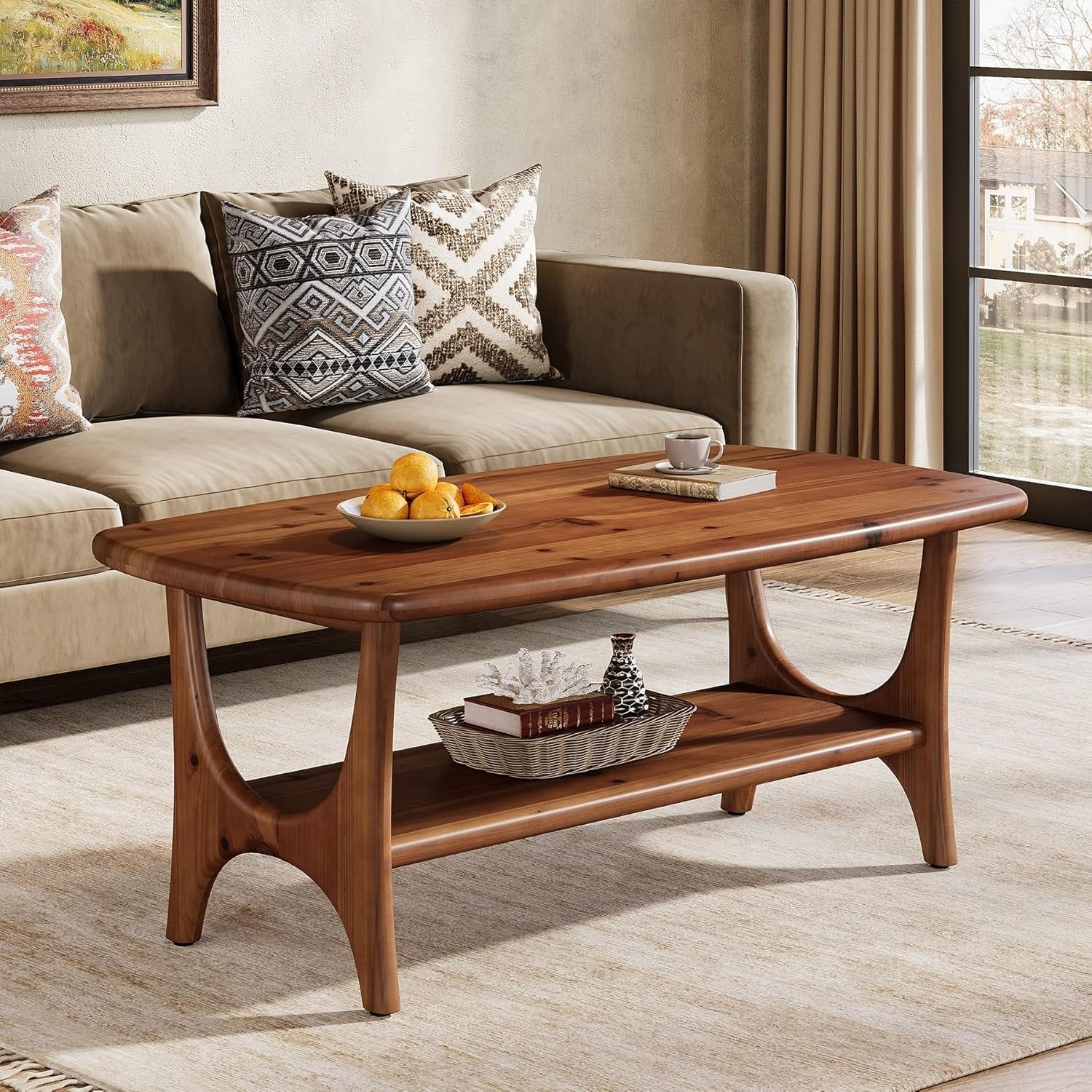 Solid Wood Coffee Table, 47.24” Rectangle Center Table with 2-Tier Storage