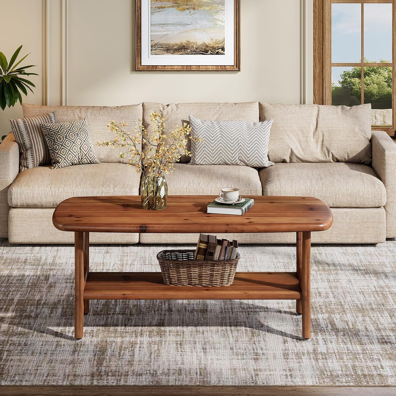 2-Tier Solid Wood Coffee Table, 47.24” Rectangle Center Table