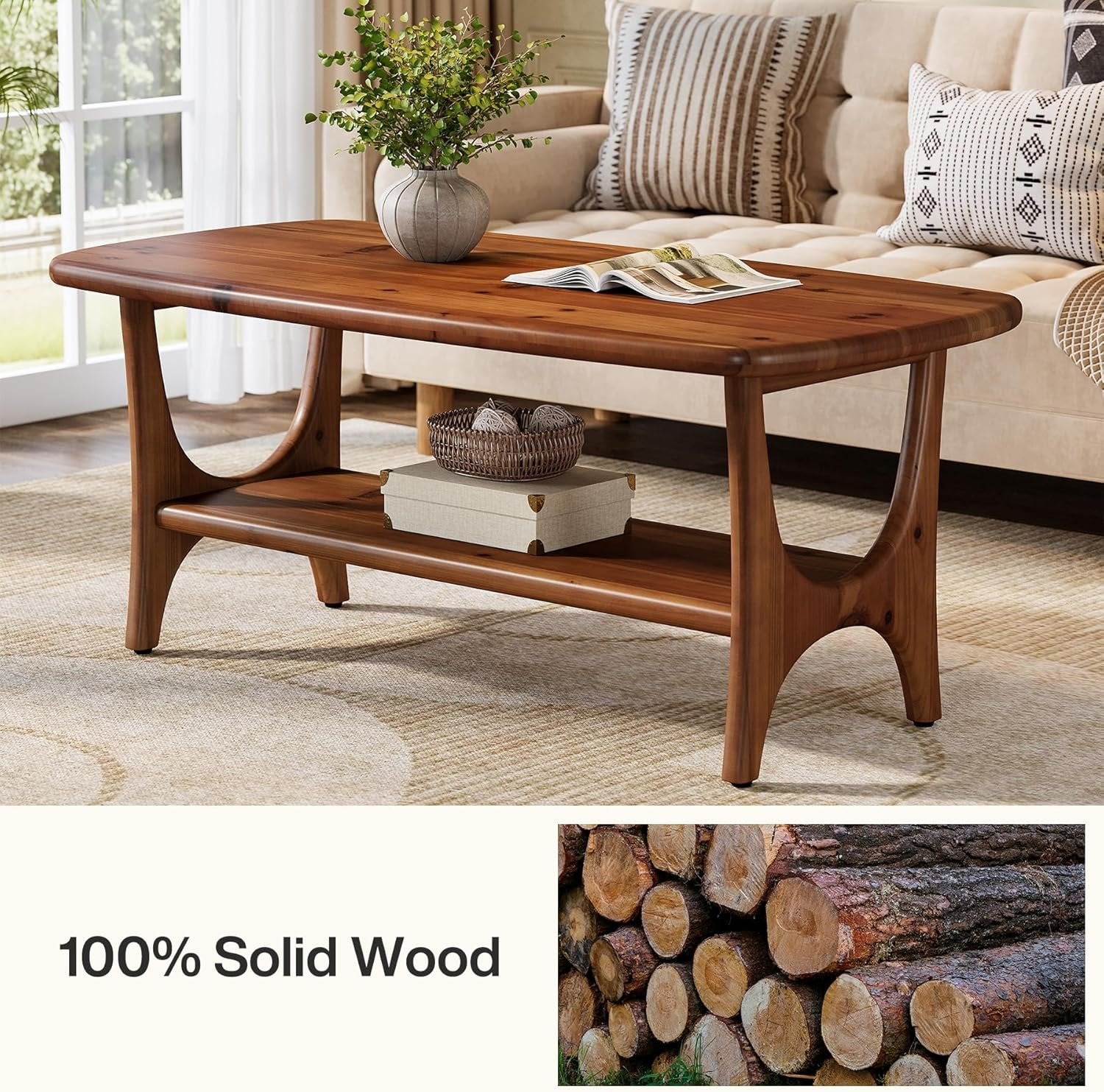Solid Wood Coffee Table, 47.24” Rectangle Center Table with 2-Tier Storage