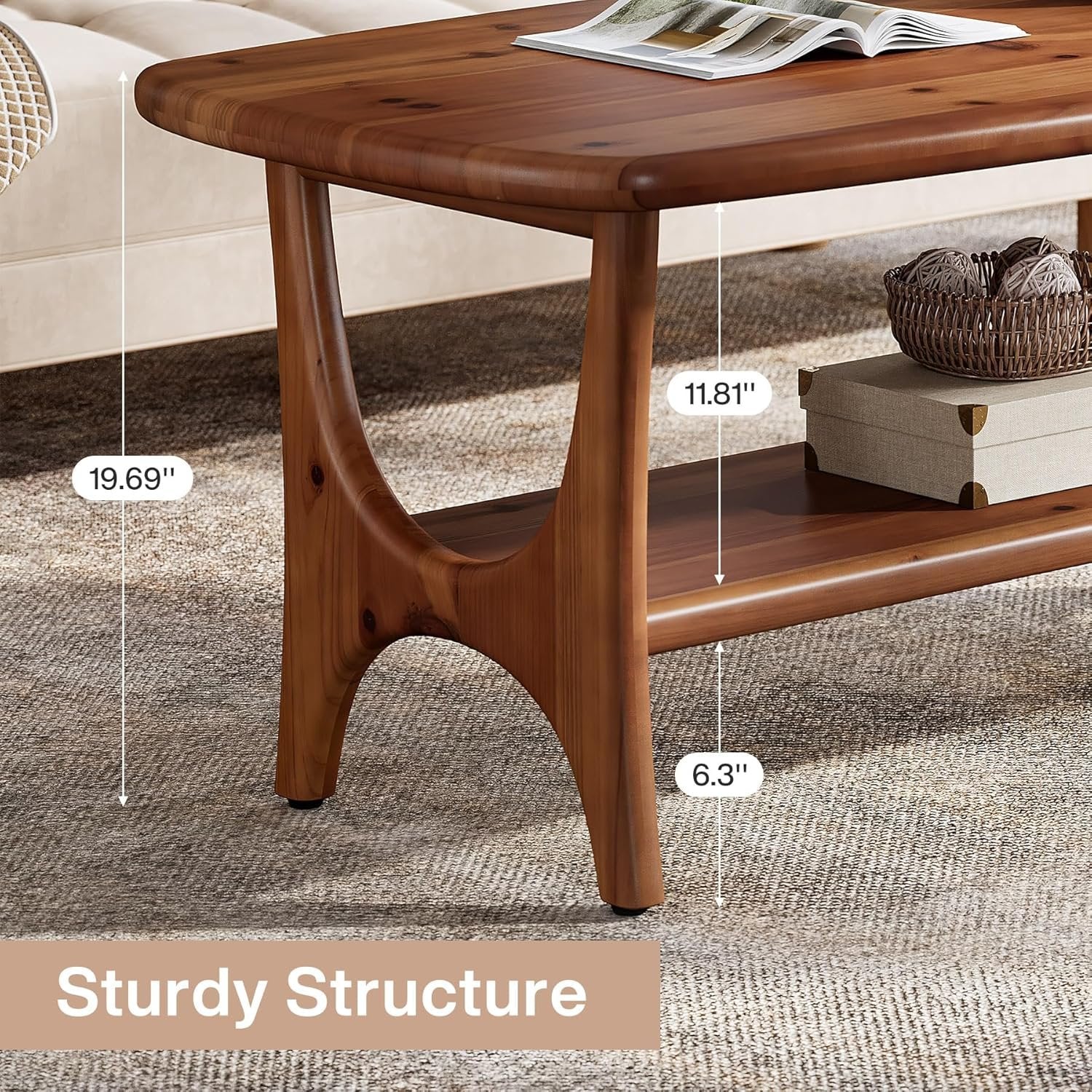 Solid Wood Coffee Table, 47.24” Rectangle Center Table with 2-Tier Storage