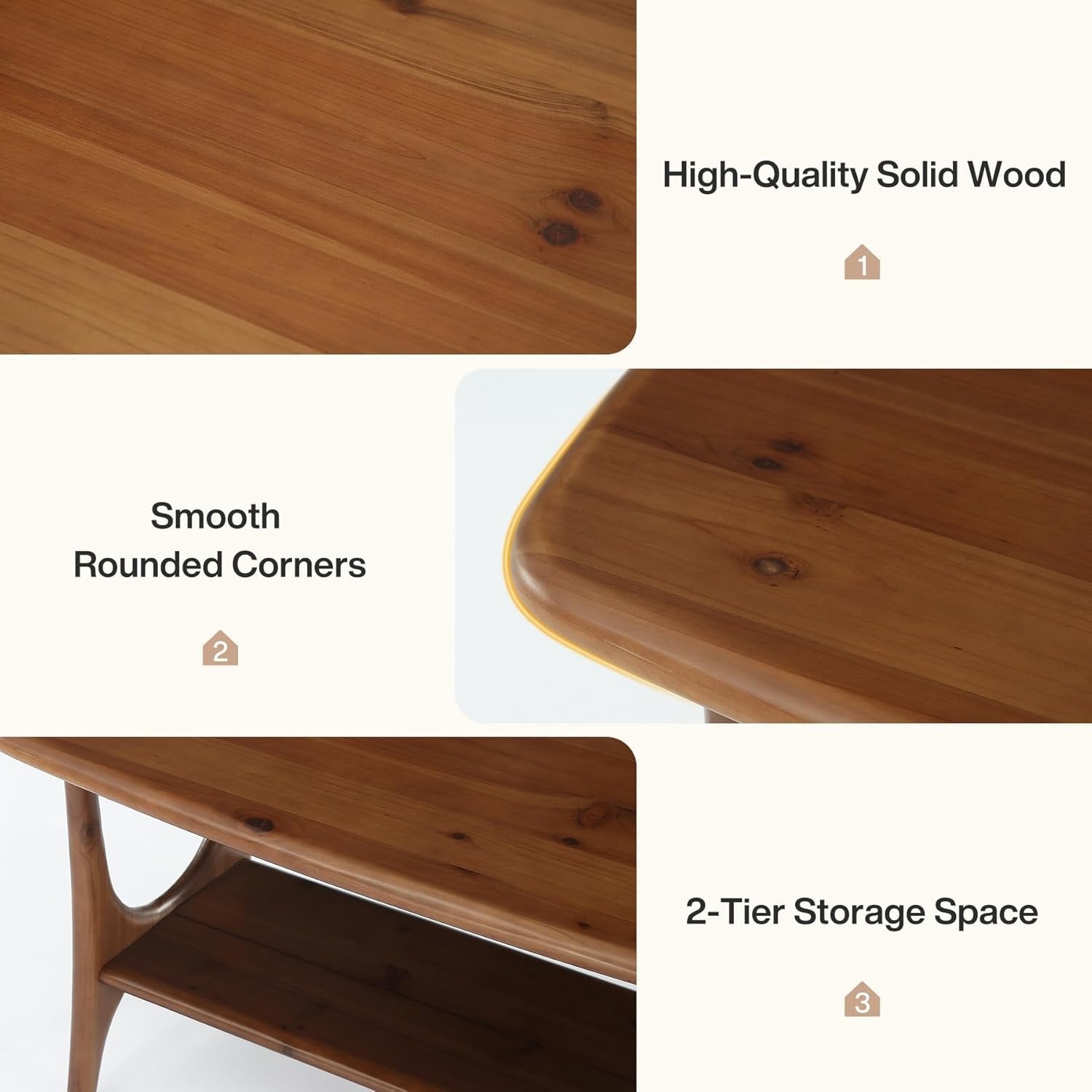 Solid Wood Coffee Table, 47.24” Rectangle Center Table with 2-Tier Storage