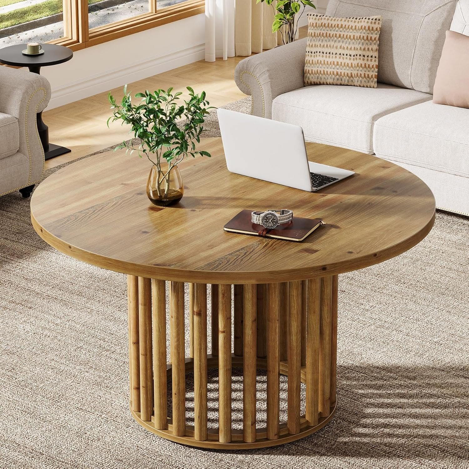 Solid Wood Round Coffee Table, 31.5" Center Tea Table with Cylindrical Hollow Base