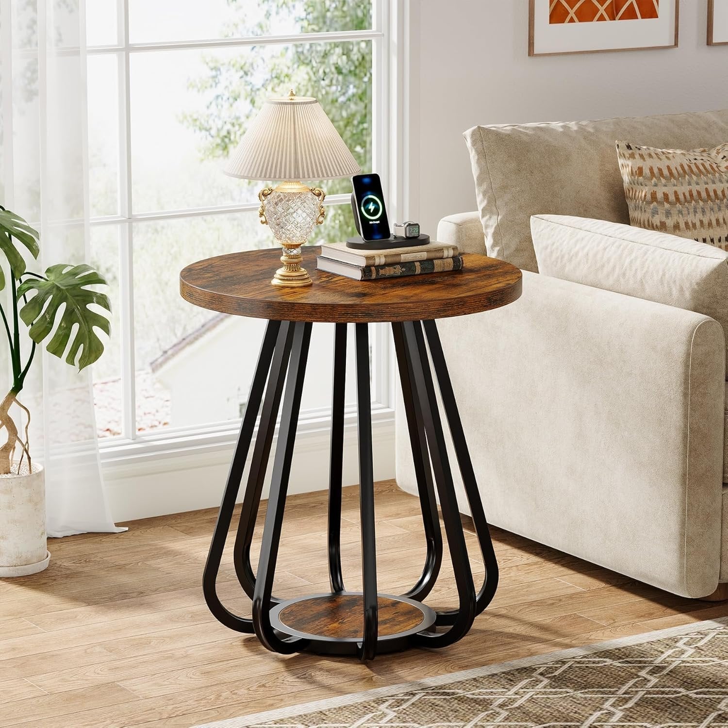 19.6" Side Table, 2-Tier Small Sofa End Table with Metal Frame for Small Spaces