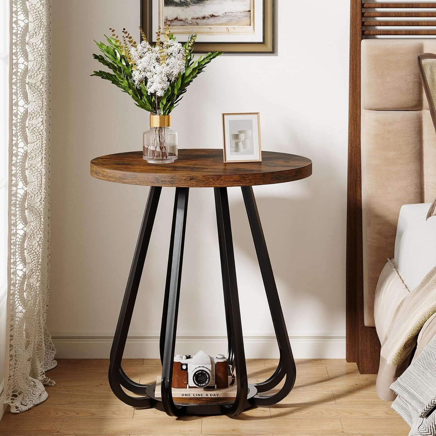 19.6" Side Table, 2-Tier Small Sofa End Table with Metal Frame for Small Spaces
