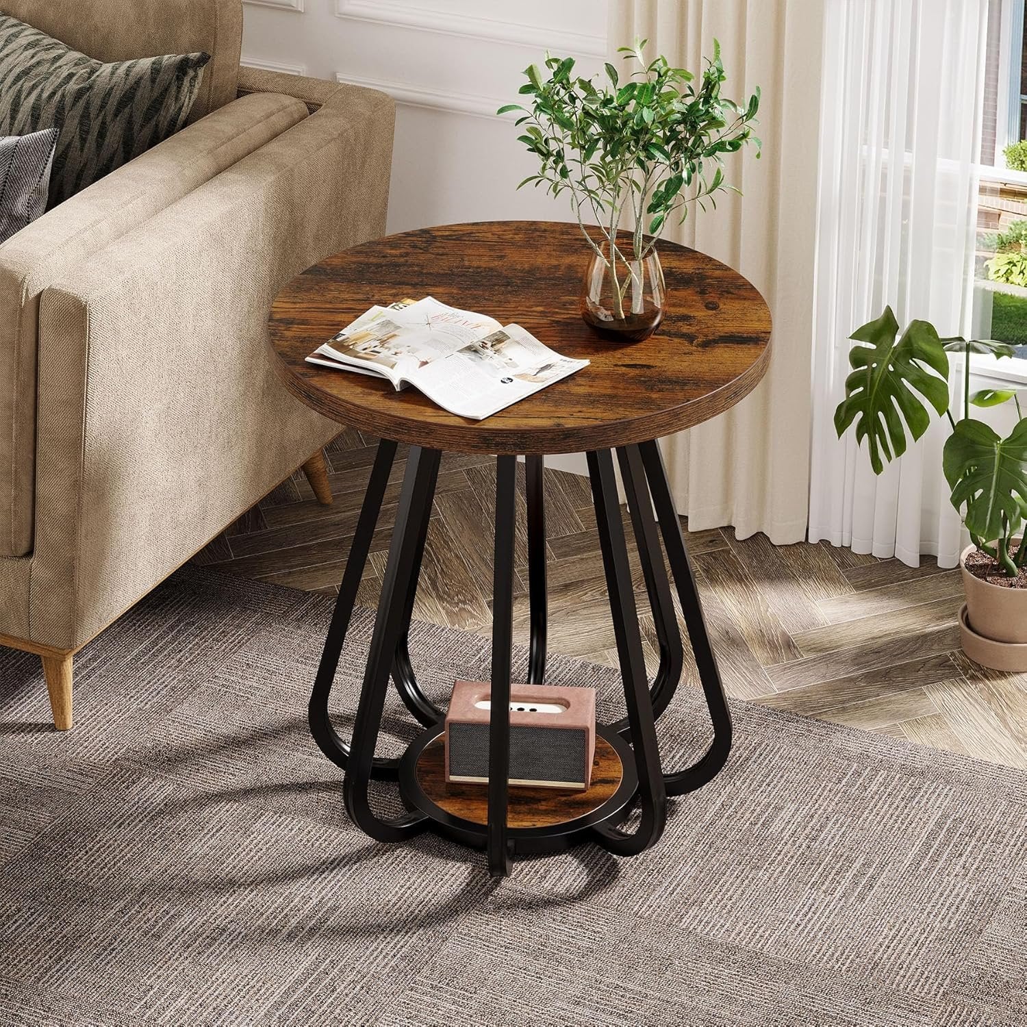 19.6" Side Table, 2-Tier Small Sofa End Table with Metal Frame for Small Spaces