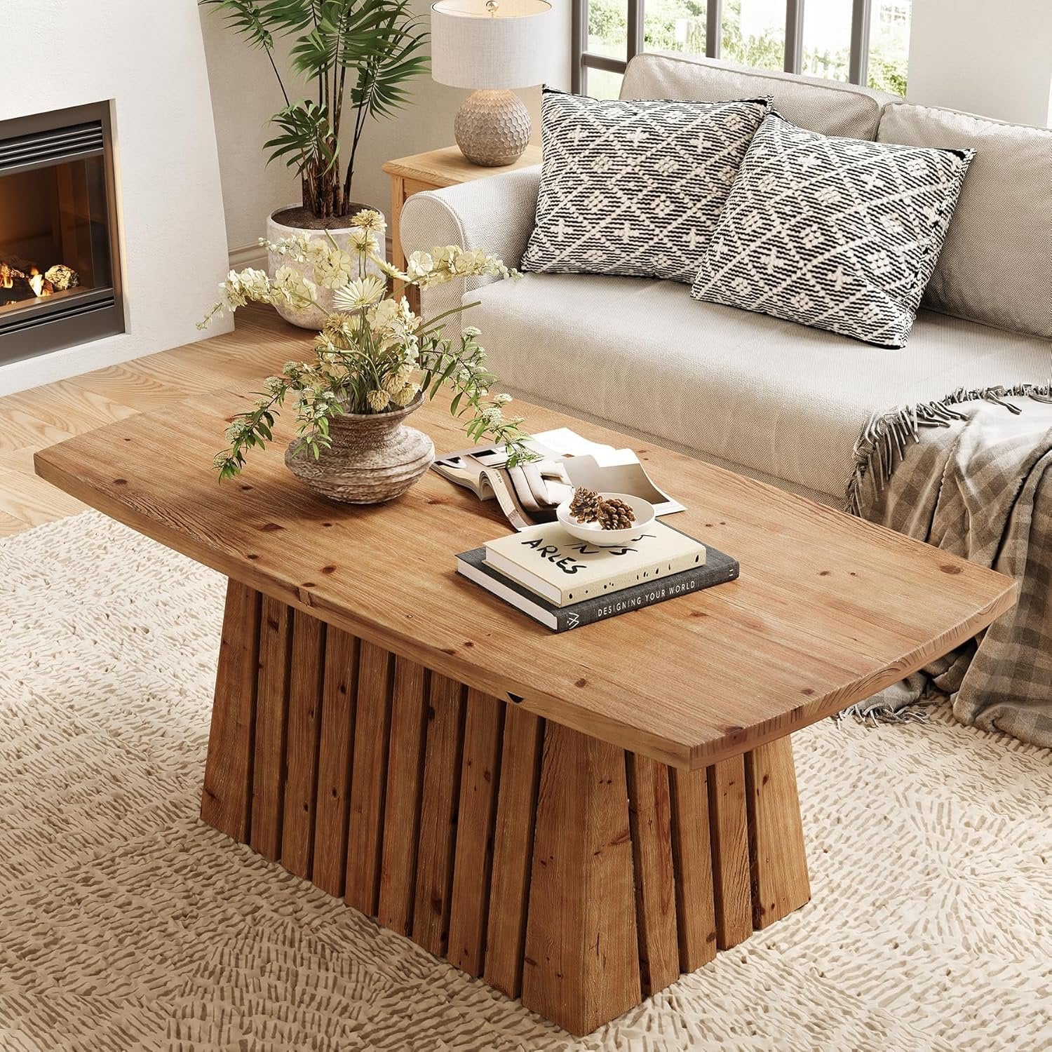 47" Coffee Table, Solid Wood Rectangular Center Table with Heavy-Duty Pedestal Base