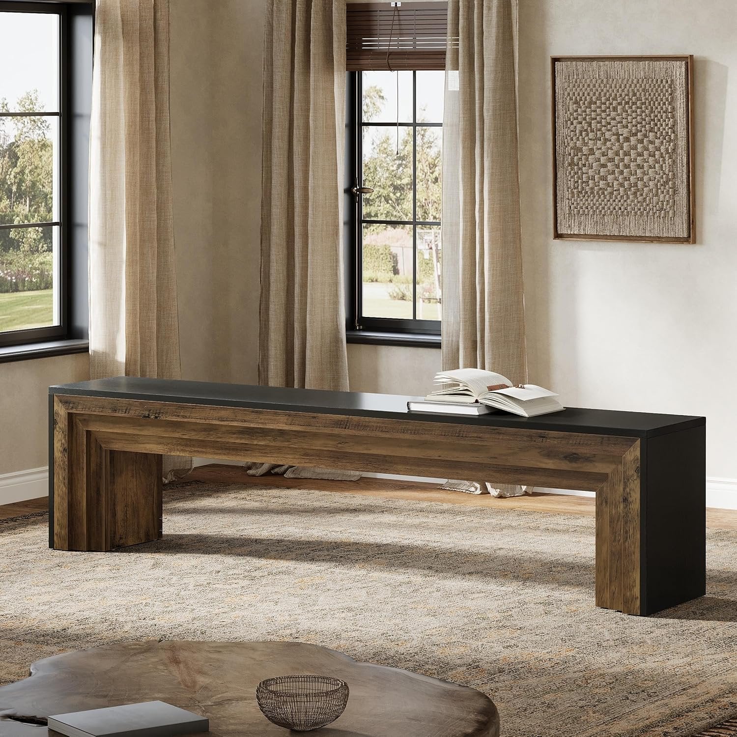 70.9" Entryway Bench, Farmhouse Shoe Bench End of Bed Bench with Layered Design