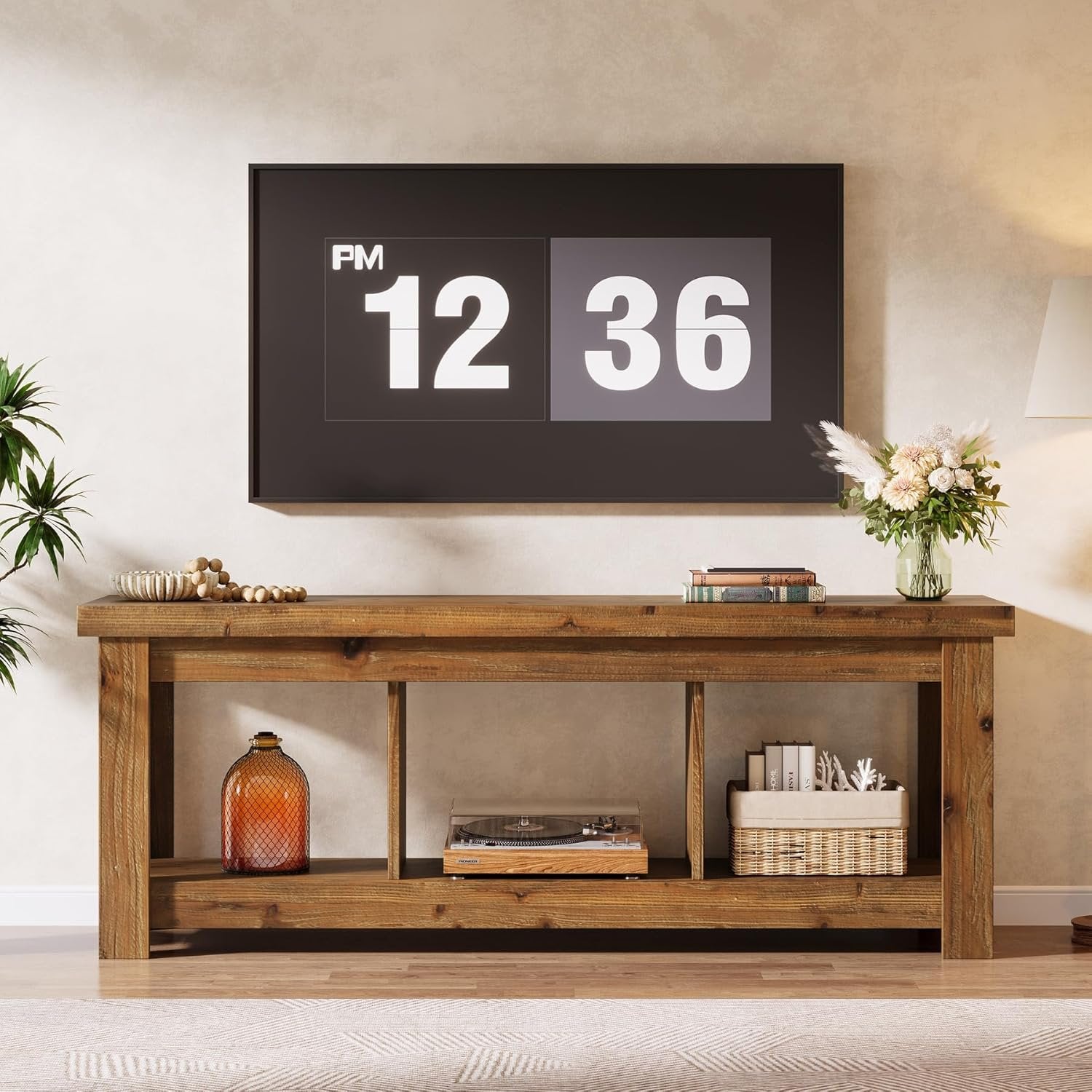 63" Solid Wood TV Stand With 3 Open Shelves for 55/60/65/75-Inch TVs