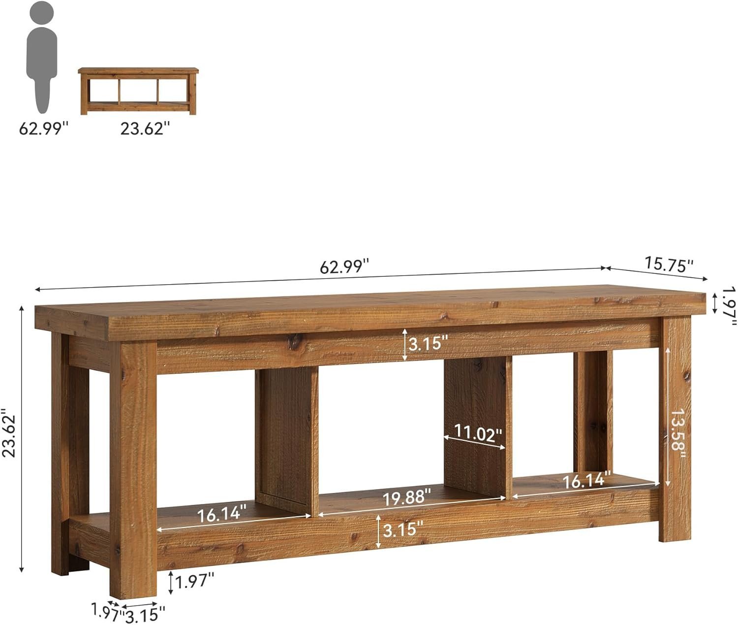 63" Solid Wood TV Stand With 3 Open Shelves for 55/60/65/75-Inch TVs